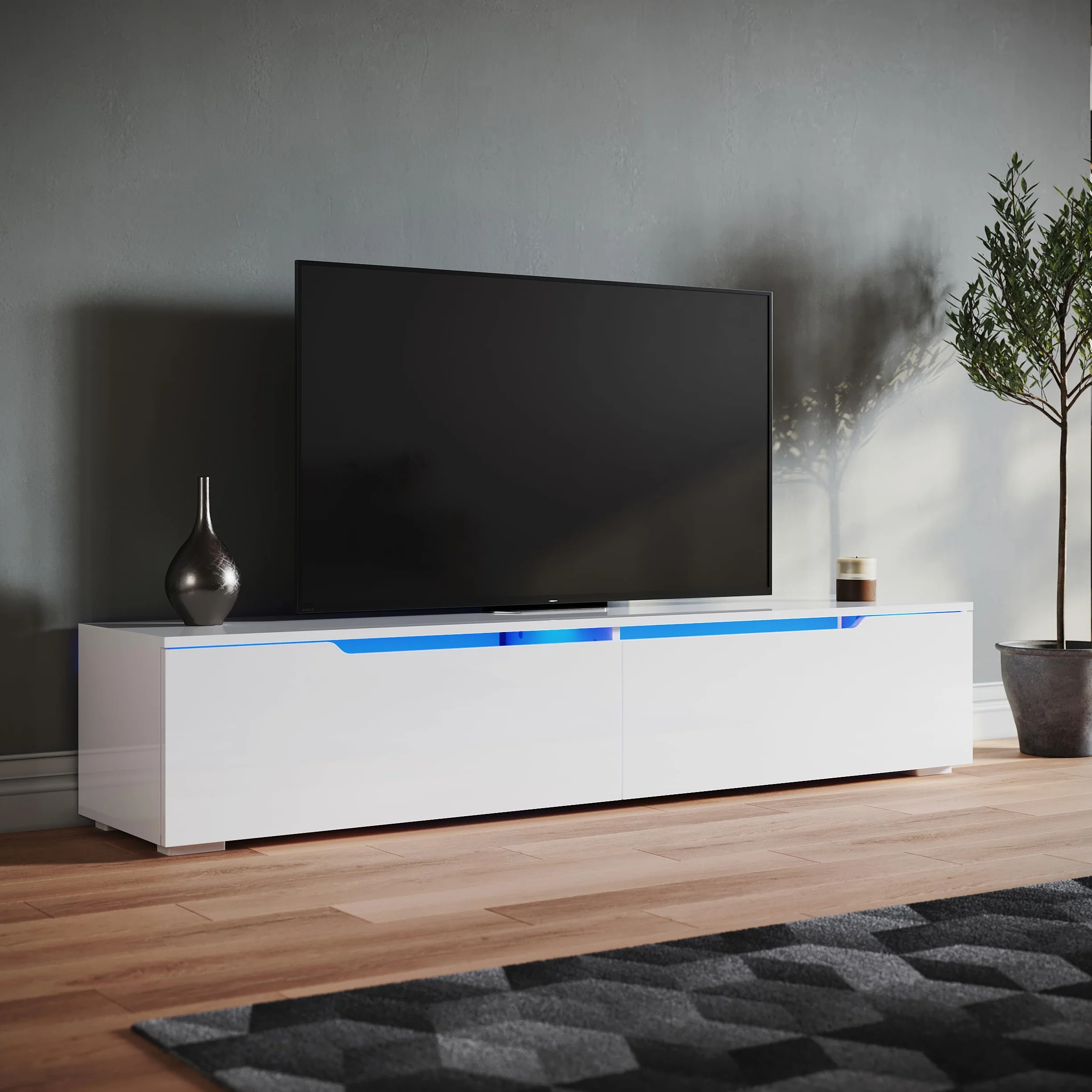 SONNI Mueble TV con Luz LED Regulables de 12 Colores,Mueble de Salón Blanco 160x35x30cm