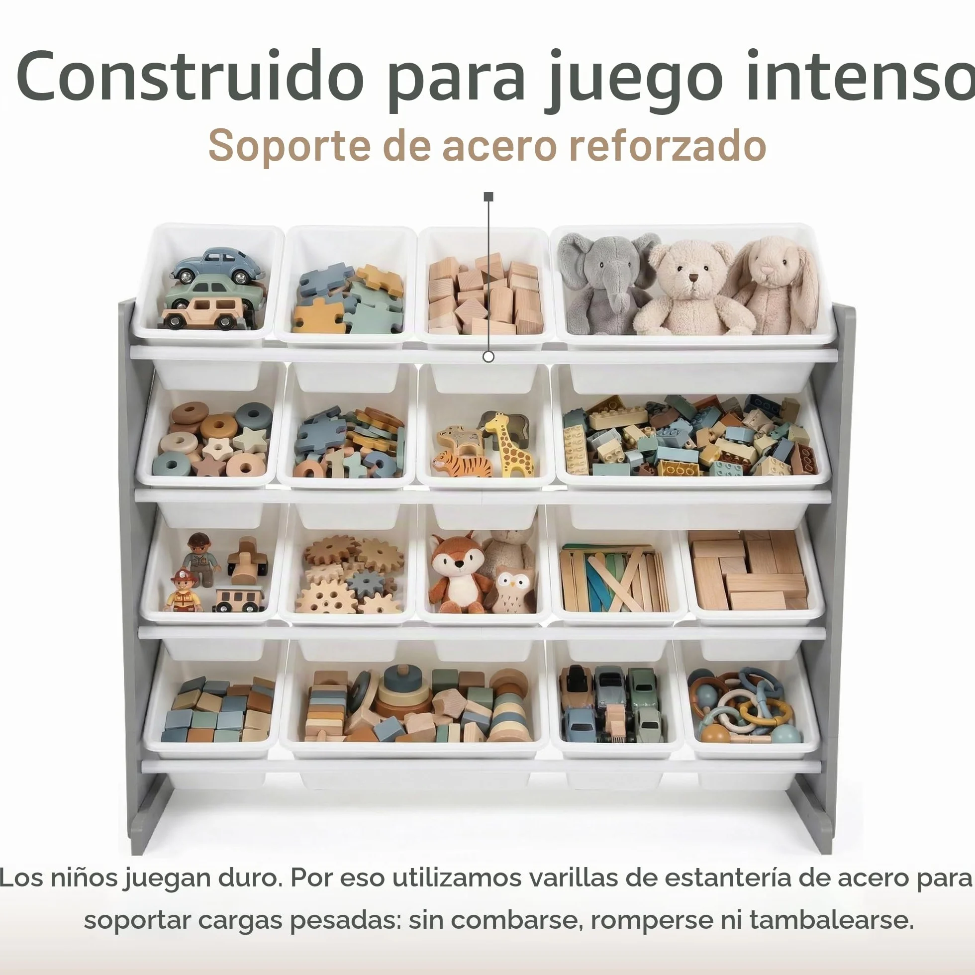 Humble Crew estantería Infantil Gris/Blanco: 16 Cajas Almacenamiento, Madera, Organiza Juguetes, Segura, Moderna, fácil Montaje