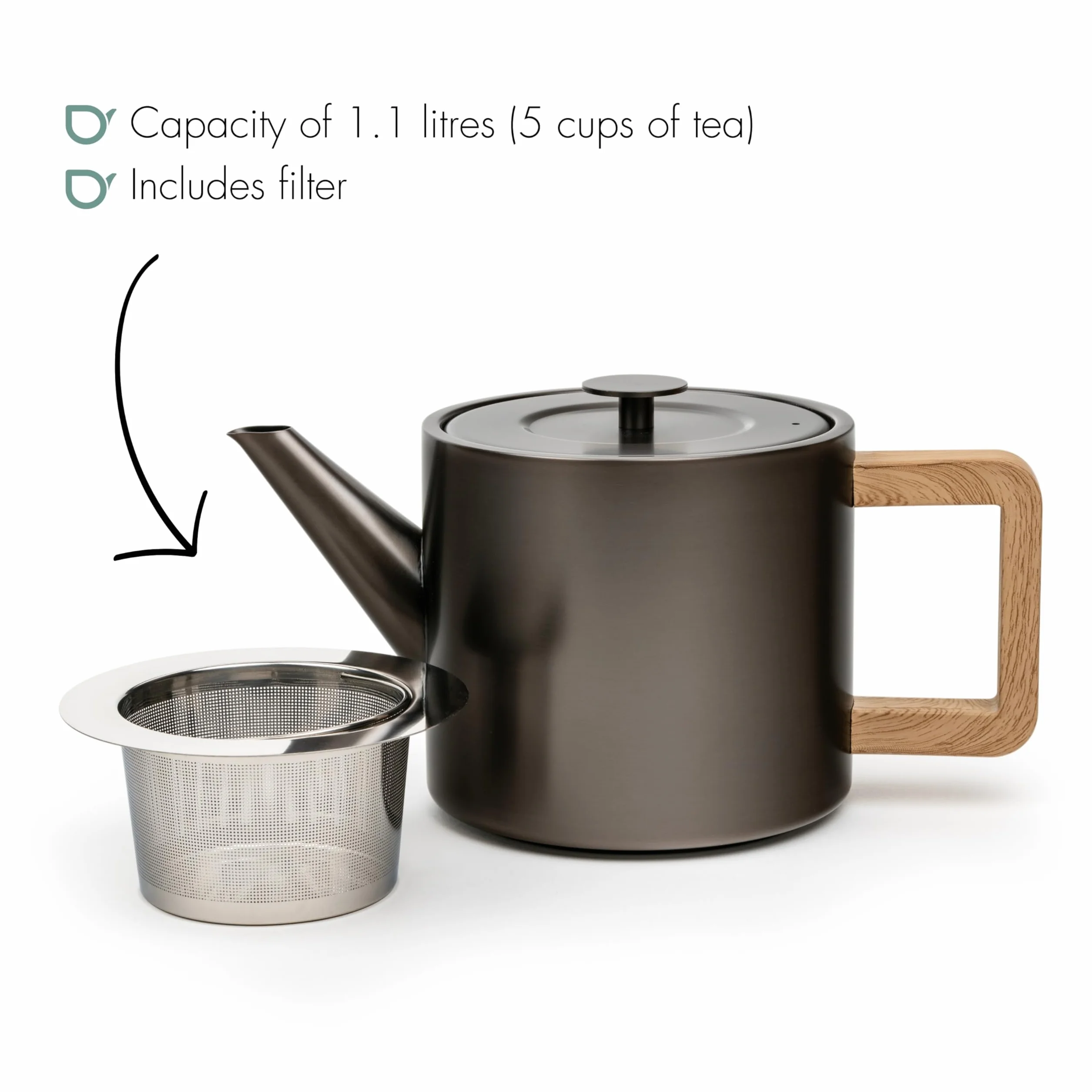 Bredemeijer Pequeña tetera de acero inoxidable de 1,1 litros, doble pared, color gris metalizado con filtro de té, para disfrutar del té durante más tiempo