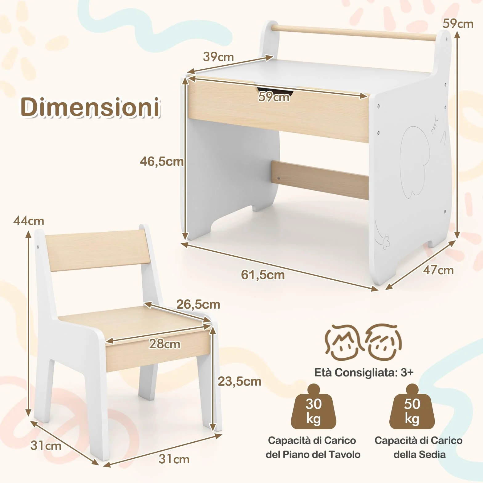 RELAX4LIFE Juego de mesa y silla 2 en 1 para niños, escritorio de madera con tablero extraíble de doble cara, amplio espacio de almacenamiento, diseño multifuncional para habitación de los niños