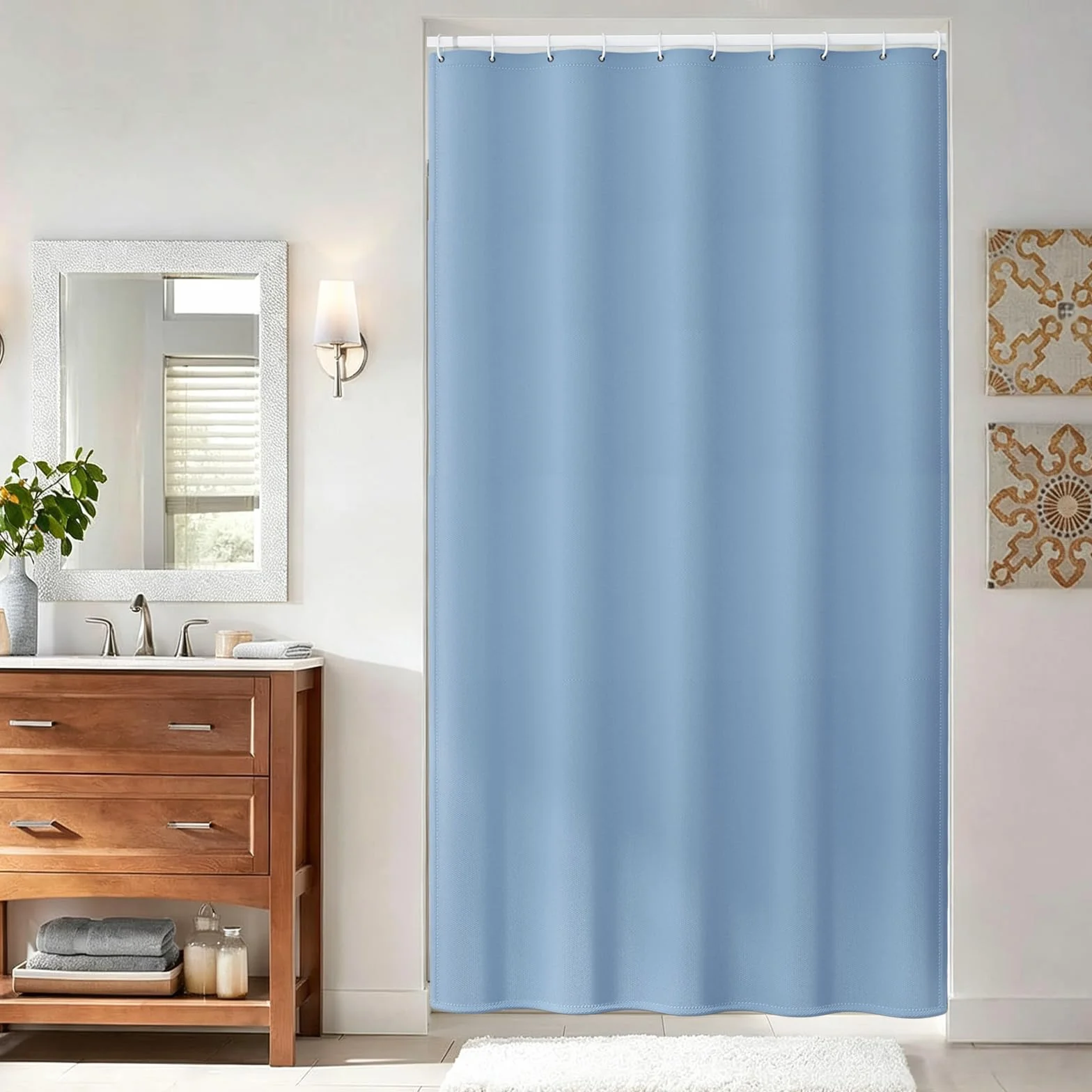 Cortina de Ducha de Tela 270 x 70 cm Cortina de Ducha Resistente Al Moho - Antimoho, Impermeable, Lavable, de Poliéster con Ojales y Anillos, para Baño, Bañera, Azul Claro