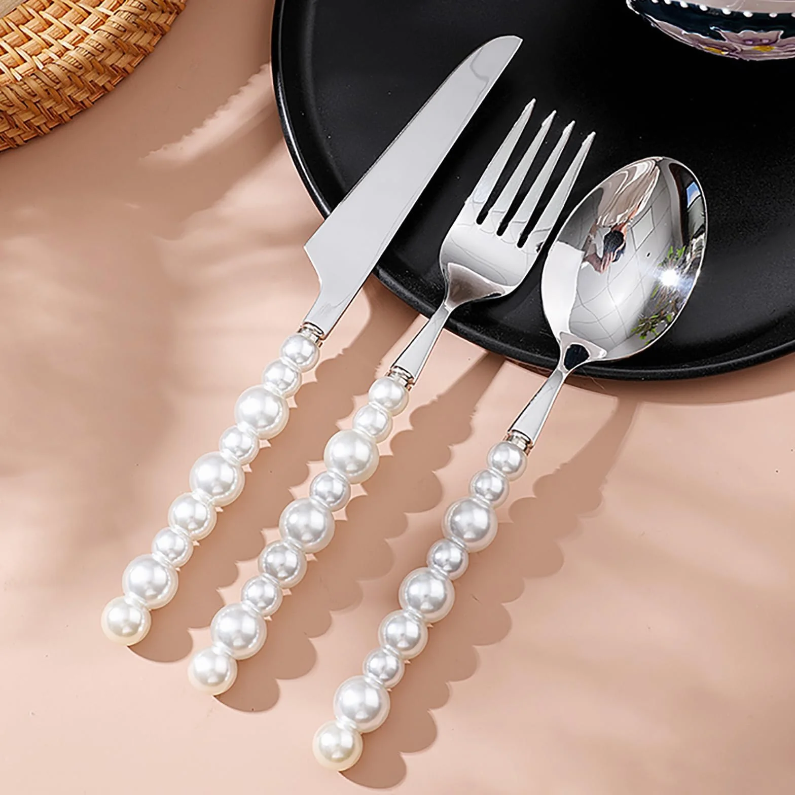 Genérico Juego De Cubiertos De 48 Piezas, Cubiertos De Acero Inoxidable 18/10, Cubiertos con Mango De Perla, Cubiertos Aptos para Lavavajillas, Cubiertos Multiusos para Banquetes