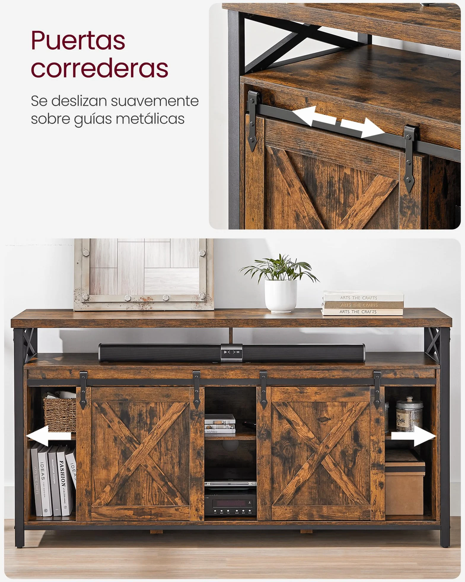 VASAGLE Mueble para TV, Soporte para TV de 65 Pulgadas, con Estantes Ajustables, Puertas de Granero, Diseño de Granja, Marco de Metal, Marrón Rústico y Negro LTV071B01V1