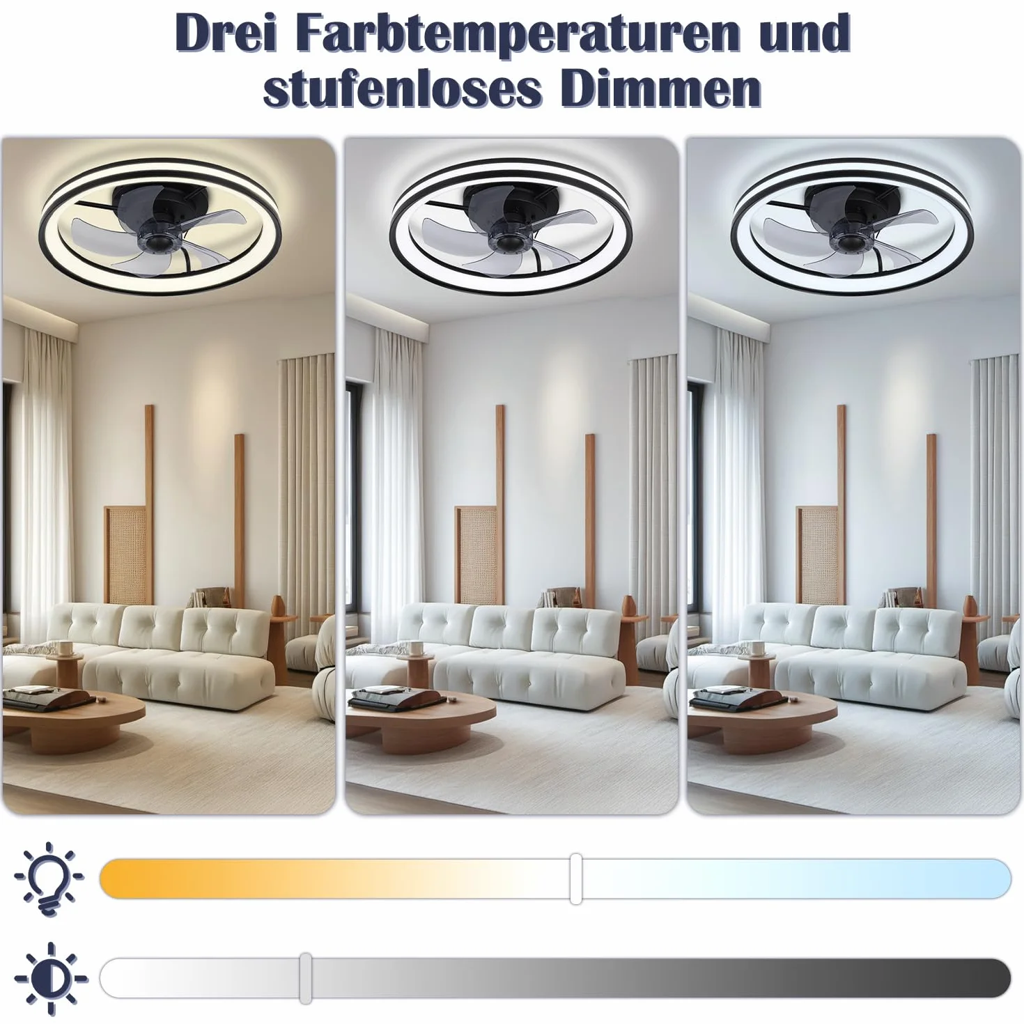 2 ventiladores de techo con iluminación y mando a distancia, diámetro de 48 cm, lámpara de techo con ventilador regulable, 3 temperaturas de color y 6 niveles, función verano/invierno, con