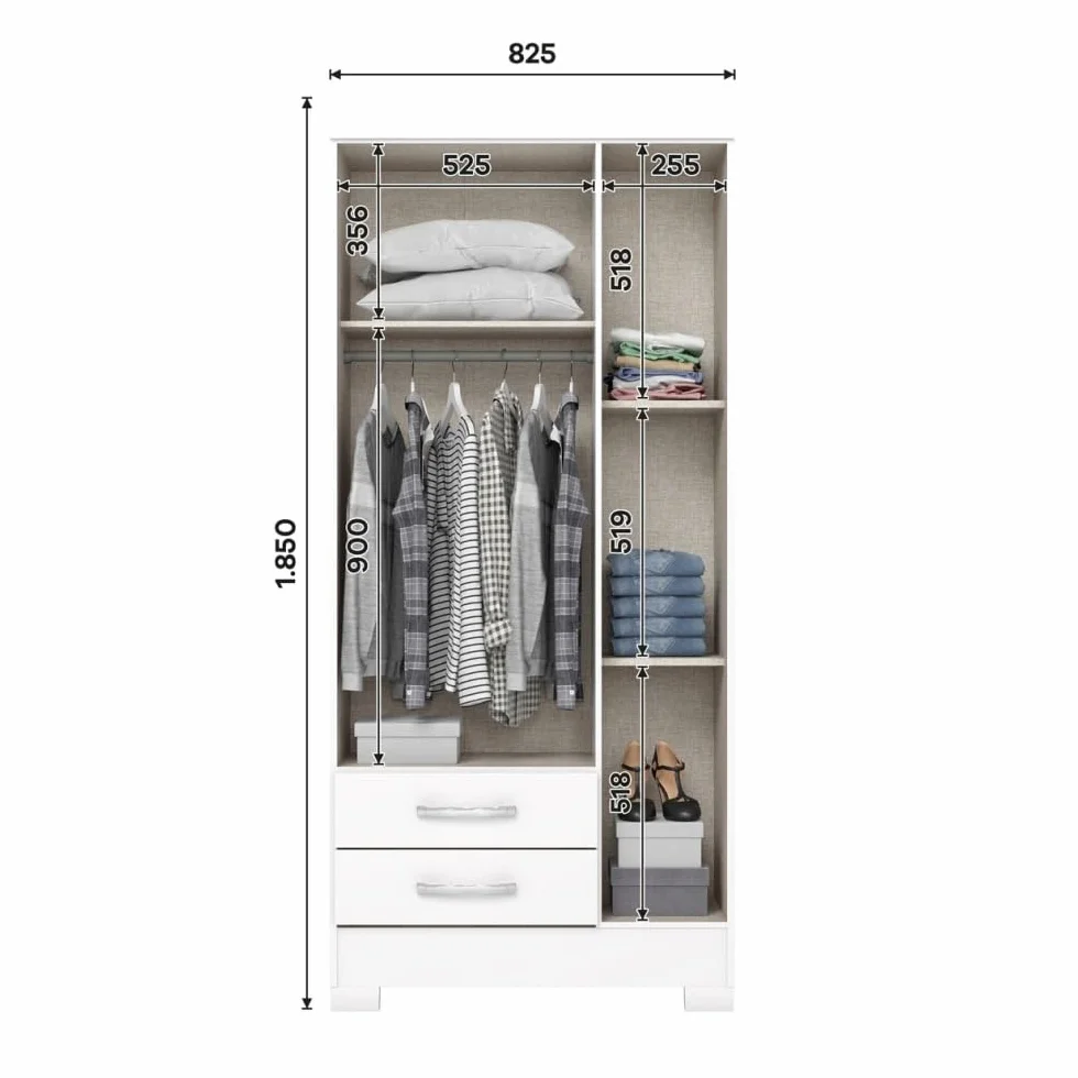 Befara Armario Juvenil con CAJONES MANAOS, Blanco, 82,5 x 46,5 x 185 cm, Armario ropero pequeño de 80 cm con cajones y estantes, armarios pequeños, armarios percheros, armarios Juveniles