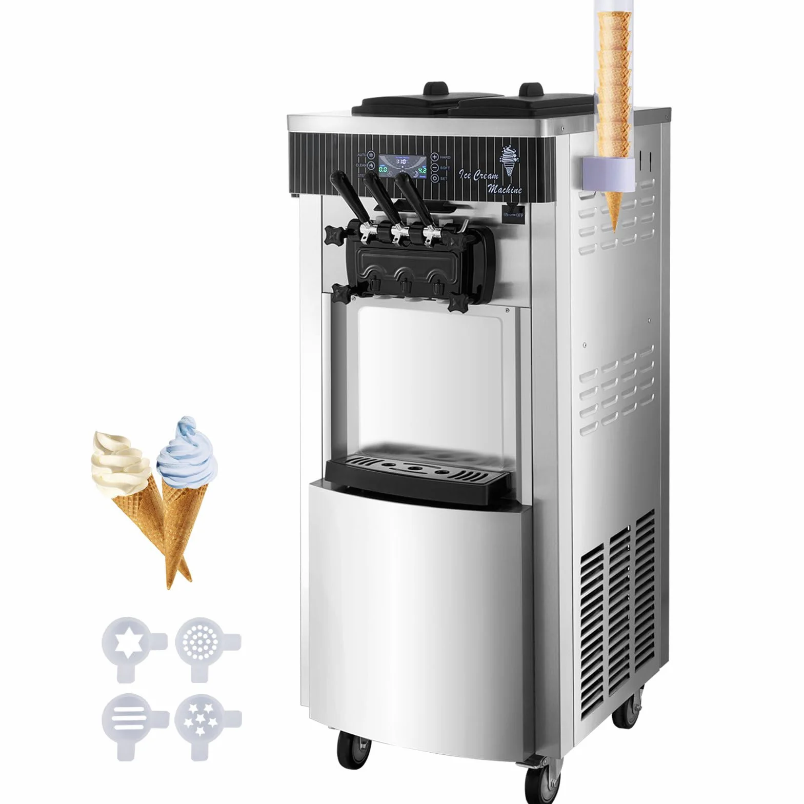 Máquina de Helados Soft Heladera Maquina Comercial 20-28L/h 2200W 3 sabores, Ice Cream Maker, panel LED de limpieza automática, refrigeración de noche, para yogur café Cafetería Bar 6L*2