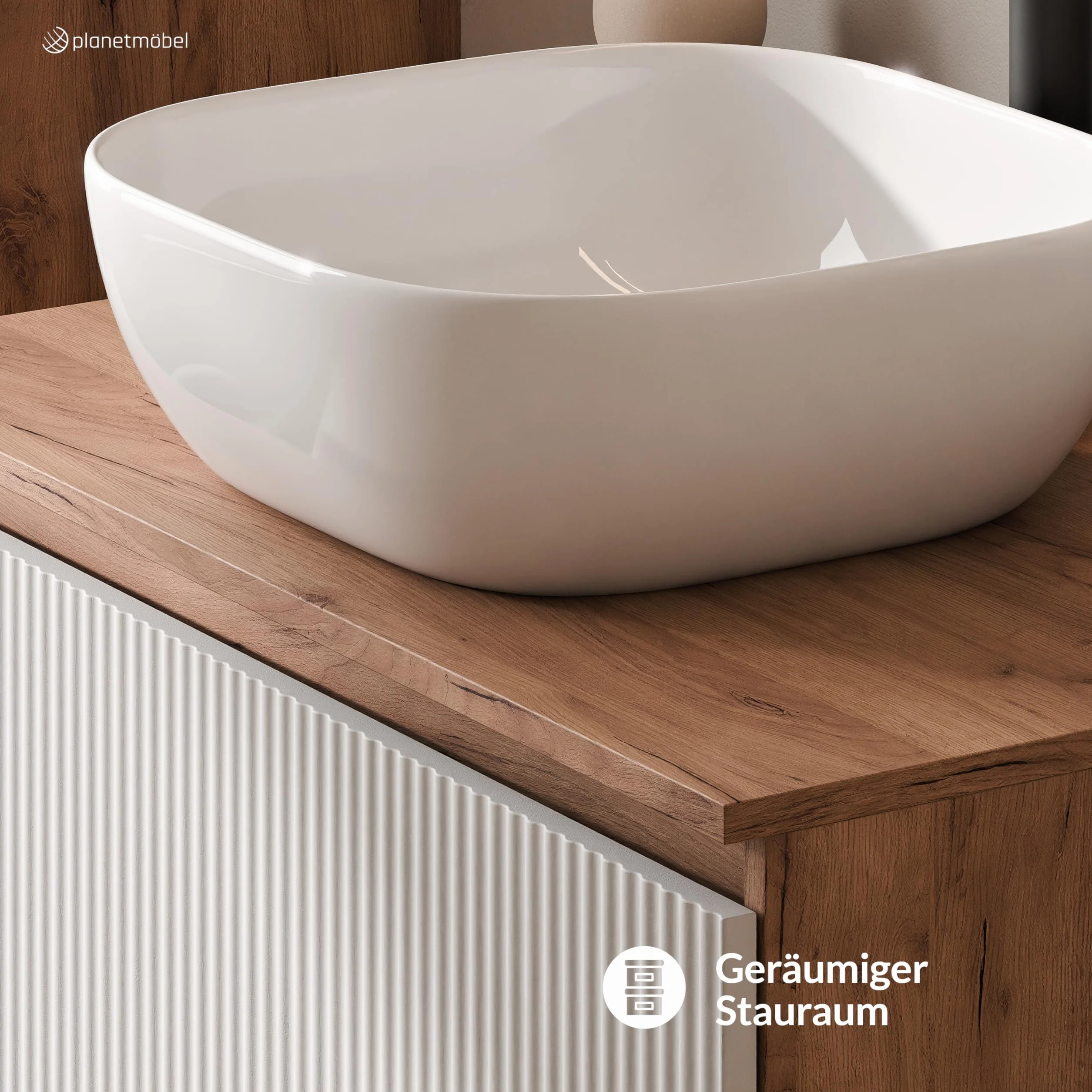 Planetmöbel Arisa Conjunto de muebles de baño 80 cm roble dorado blanco acanalado espejo NOVA lavabo 42 cm Blanco