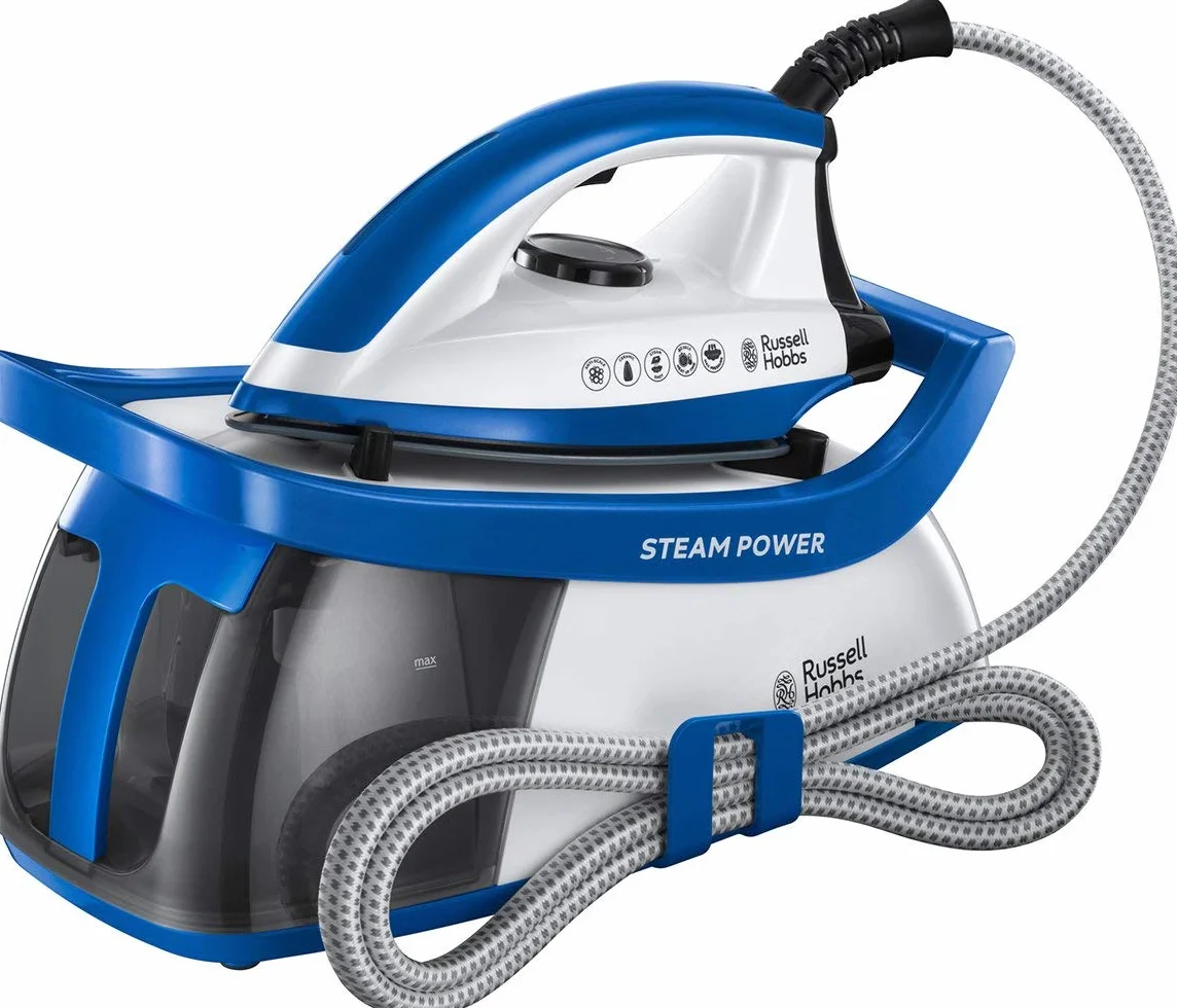 Russell Hobbs Centro de Planchado Steam Power - 2600 W, Suela Cerámica, Presión 4,5 Bares, Depósito 1,3L, Antical, Golpe Vapor 120 g, Recogecable, Indicador Luminoso, Blanco y Azul - 24430-56