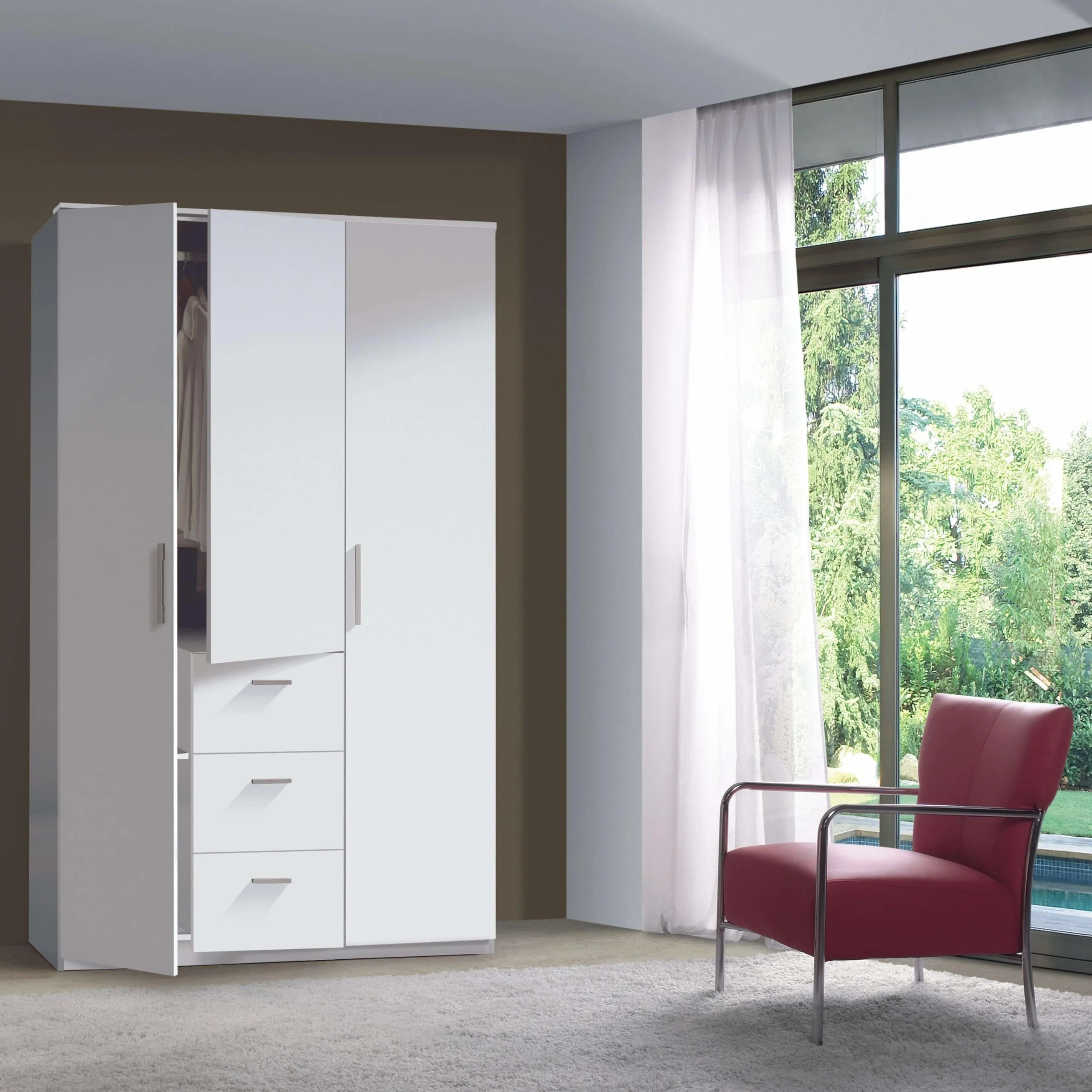 Habitdesign Armario Ropero 3 Puertas y 3 cajones, 203x117x52 (AltoxAnchoxFondo - en Cm), con Barra Colgadora y Estantes, Color Blanco Brillo