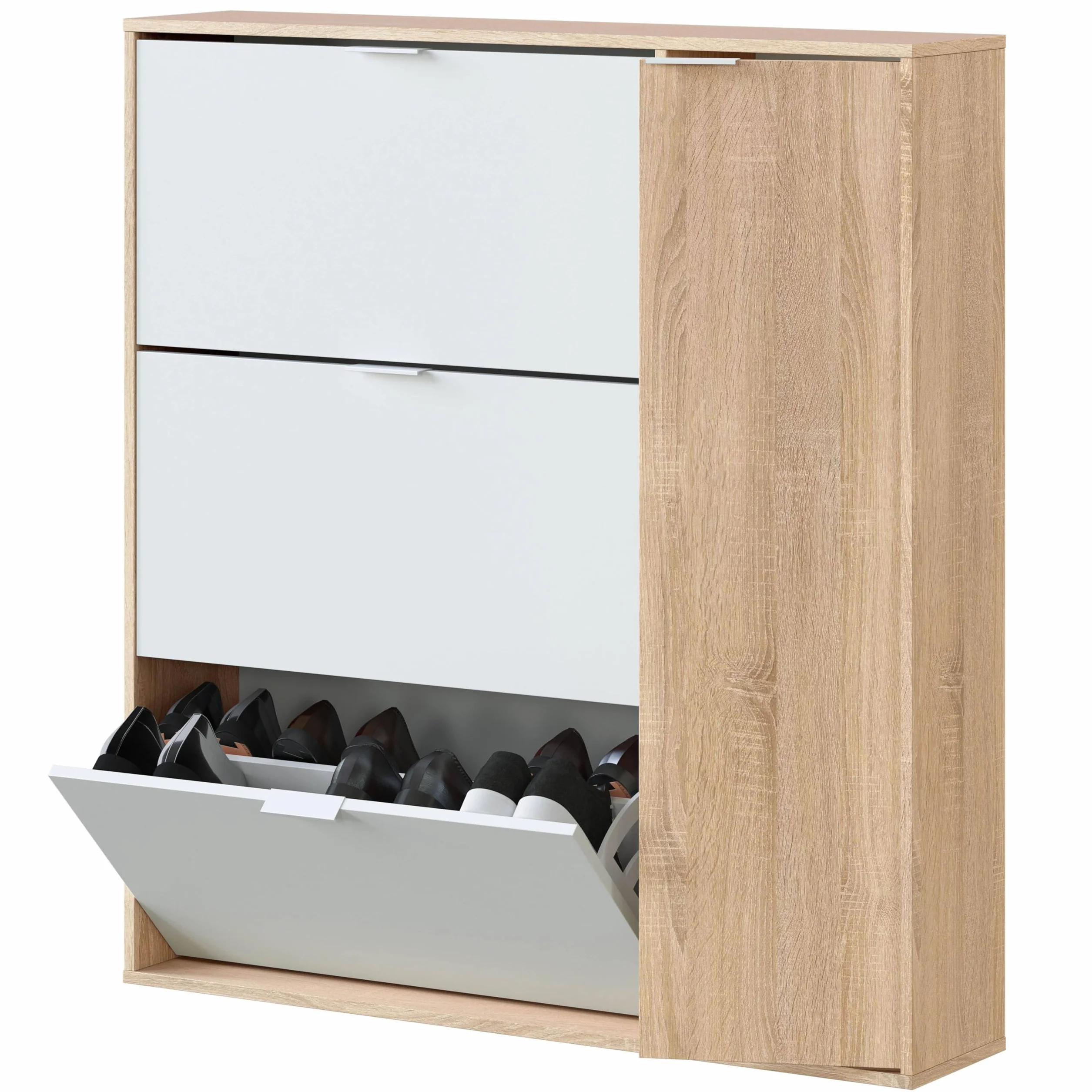 Habitdesign Mueble Zapatero 4 Puertas, Modelo Class, Acabado en Roble Canadian y Blanco Artik, Medidas: 106 cm (Ancho) x 115 cm (Alto) x 22 cm (Fondo)