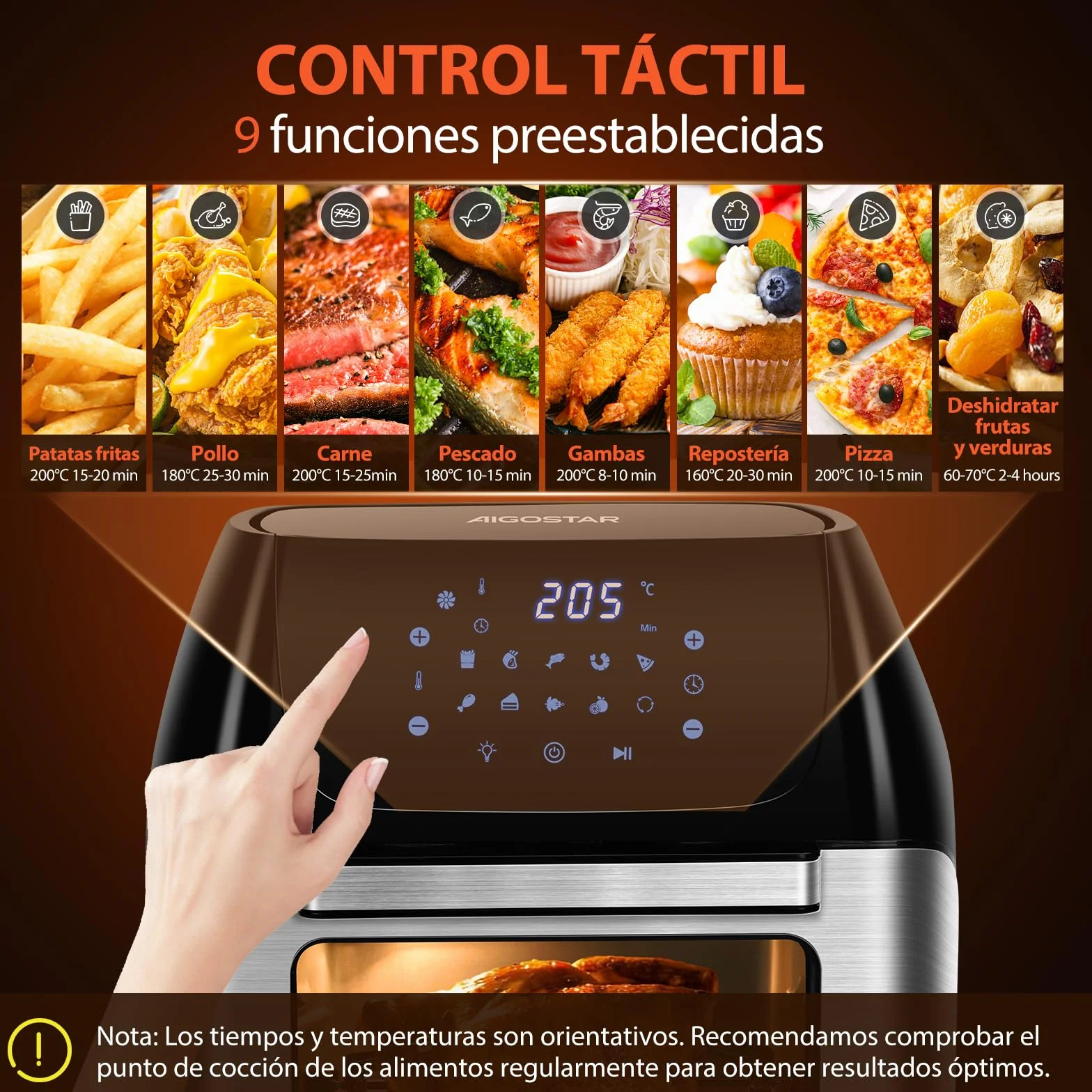 Aigostar Freidora Aire 12L con Sistema giratorio, Horno de Aire 1500W, 9 Programas y Pantalla LED Táctil, Air Fryer de Acero Inoxidable con Ventana Visualización, Accesorios Incluidos, Deshidratador