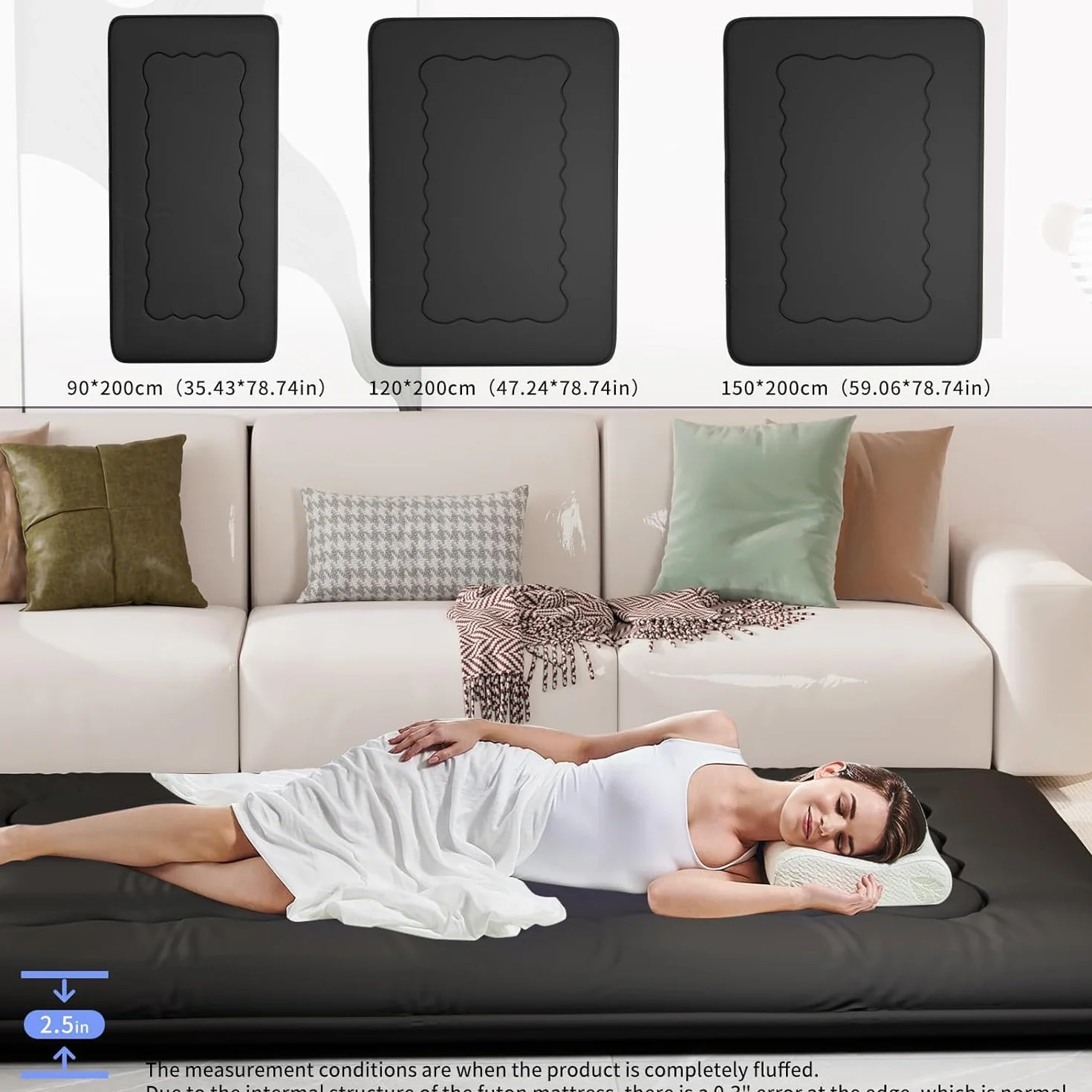 Kiseely Colchón de futón japonés, tapete de tatami plegable portátil con bolsa y correa, colchón enrollable para dormir grueso en el suelo (negro VB1, 90 x 200 cm)