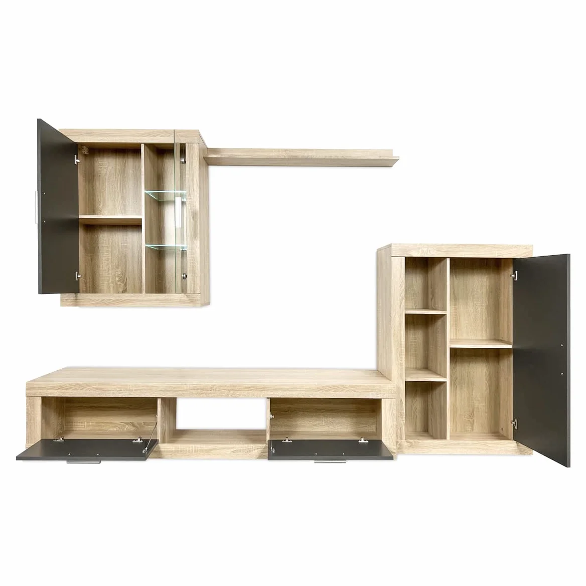 Homey - Mueble de Salón Moderno con Leds, Módulos de Comedor, Modelo Freim, Acabado en Cambria y Grafito, Medidas: 259 cm (Ancho) x 132,5 cm (Alto) 40 cm (Fondo)