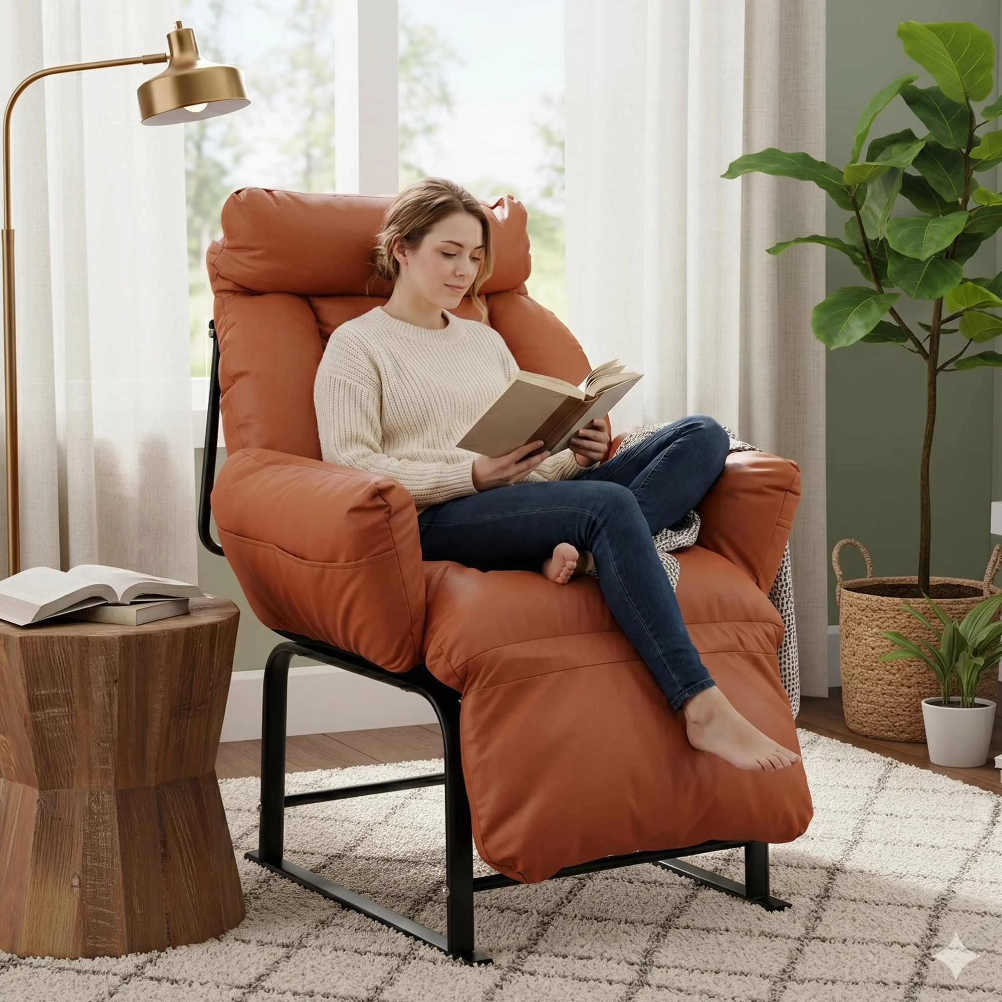 Sillón Relax, Respaldo Reclinable 90°-180°, Estructura de Metal, Hasta 150kg, para Dormitorio Infantil, Dormitorio, Salón, Balcón, Naranja