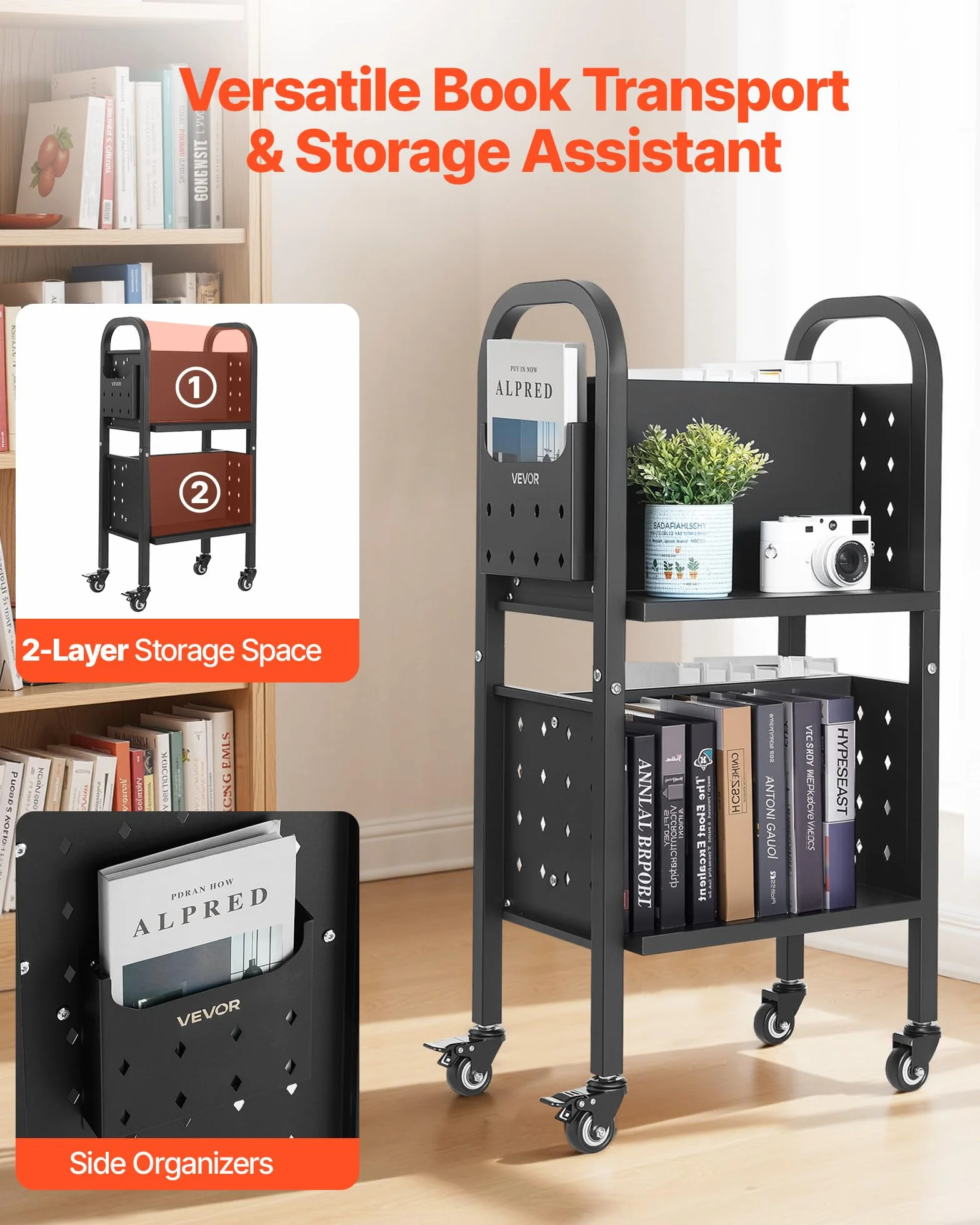 VEVOR Carro para Libros de 2 Niveles Estantería de Libros con Ruedas 45 x 33 x 88 cm Estante de Almacenamiento en Forma de L Doble Caro Carro Rodante para Biblioteca, Oficina, Escuela, Negro