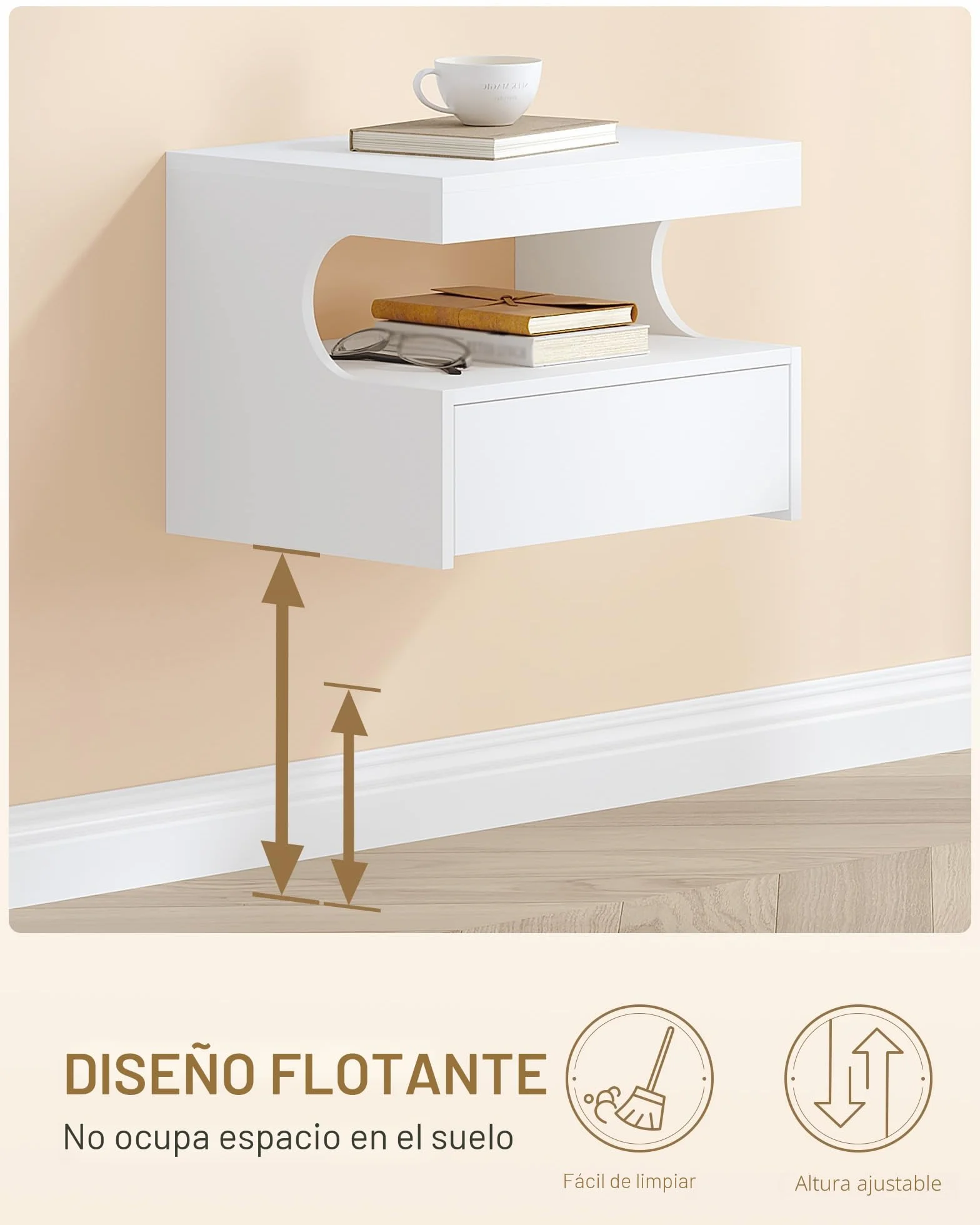 Hzuaneri Mesita de Noche Flotante Set de 2, Repisa Colgante y 1 Cajón con Guías, Diseño en Forma de U, Moderna, para Dormitorio y Salón, 30 x 40 x 29,2 cm, Blanco NS50203X