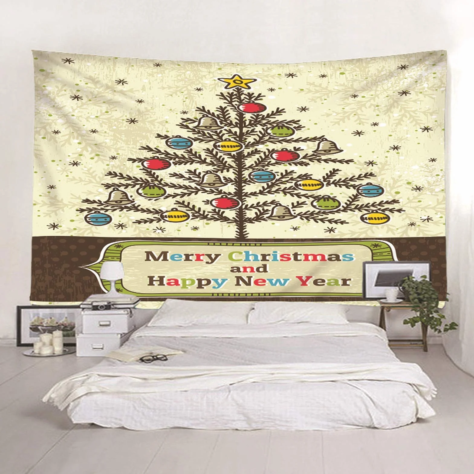 Tapiz Liso Pared, Decoracion Navidad Ventana Árbol de Navidad, Y, Campana, Copo de Nieve Beige Marrón Verde Poliéster Tapiz Pared Decoration 350X256cm