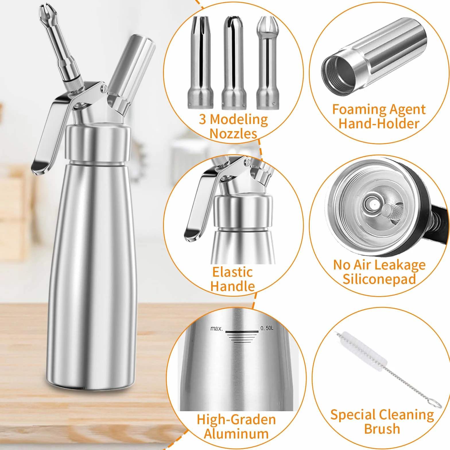 Sifón para Nata Montada Profesional 500ml, 3 Boquillas Acero Inoxidable y Cepillo de Limpieza, Cilindro Recargable para Repostería, Postres, Mousses