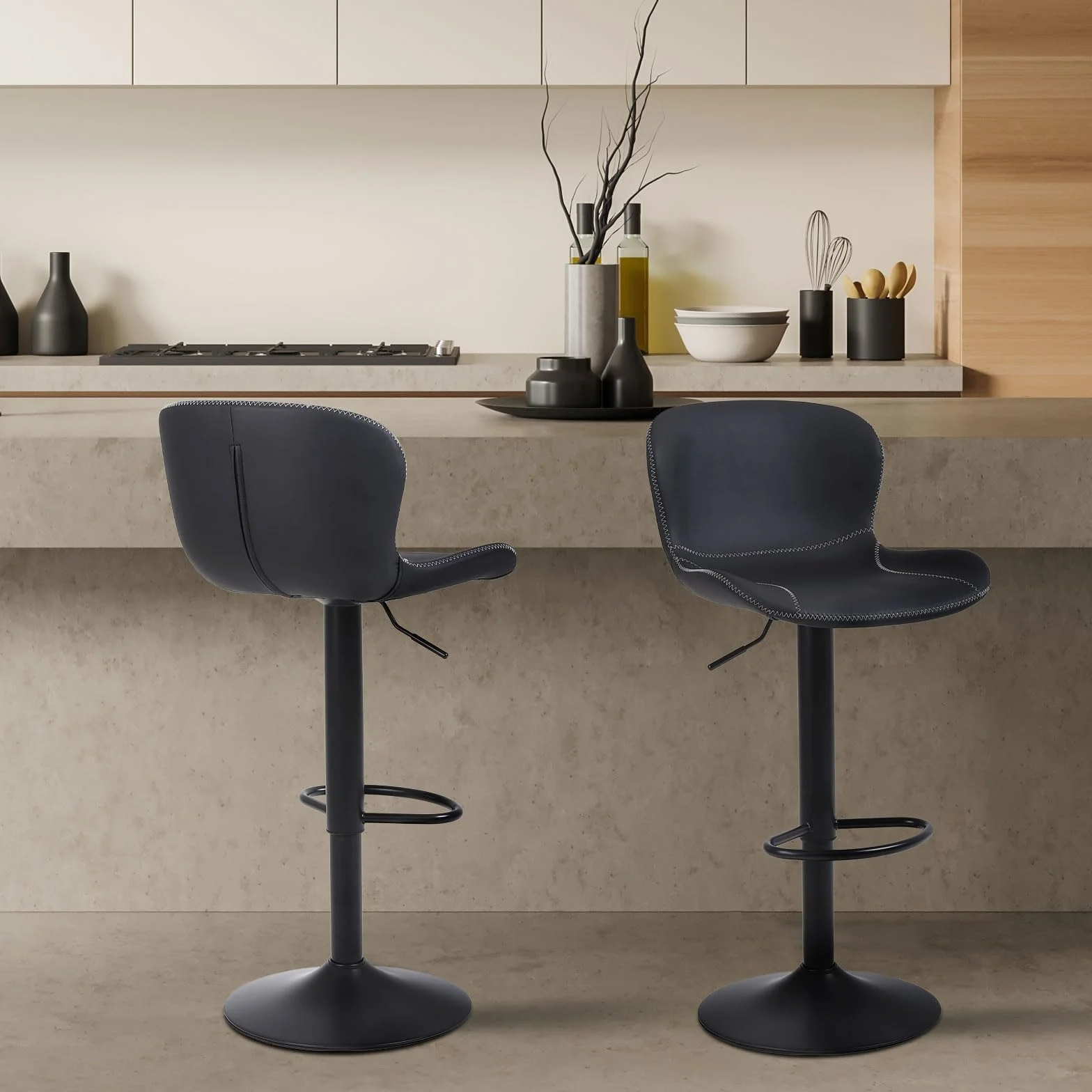 Youhauchair Taburetes Altos de Cocina Juego de 2, Taburete de Bar Regulable en Altura en Cuero PU, Taburete Alto con Respaldo y Reposapiés, Taburete Cocina Giratorio, Moderno, Negro