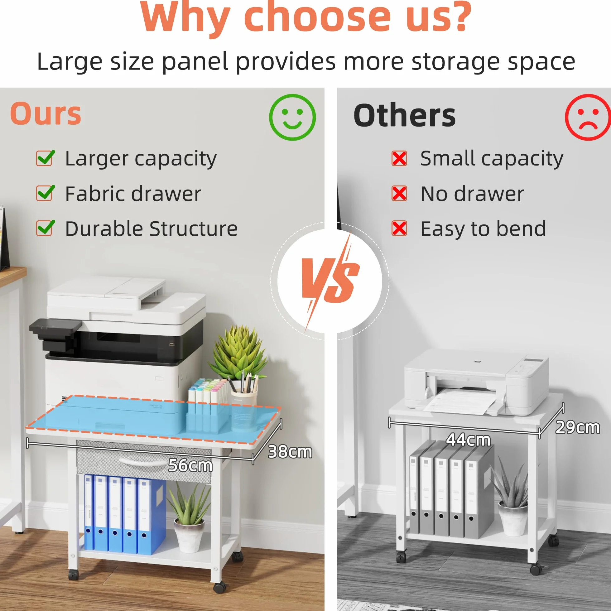 Mesa para Impresora con Ruedas 2 Niveles con Cajón, Estantería de Oficina Blanco