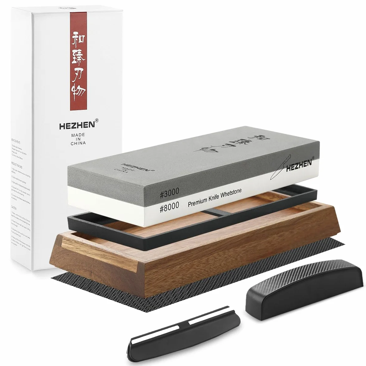 HEZHEN Piedra de Afilar Grande de Corindón Blanco, Grano 3000/8000 Doble Cara Afilador de Cuchillos Profesional, con Base Antideslizante de Madera, Guía de Ángulo y Piedra de Aplanamiento