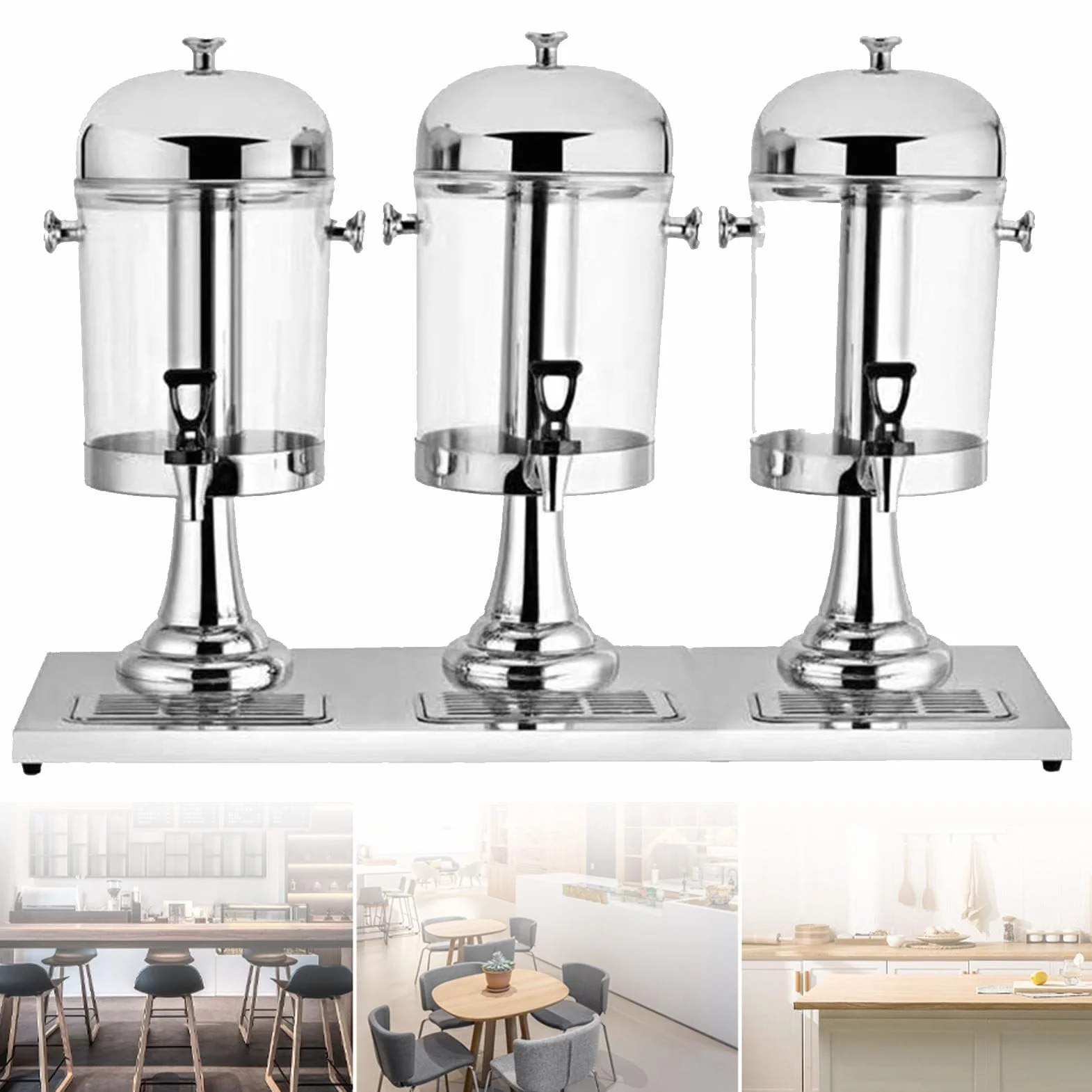 24 litros Dispensador de bebidas calientes frías, dispensador comercial de bebidas transparentes de servicio pesado de tres cabezas, para bares de desayuno buffet de desayuno, con tapa y toque ,Silver