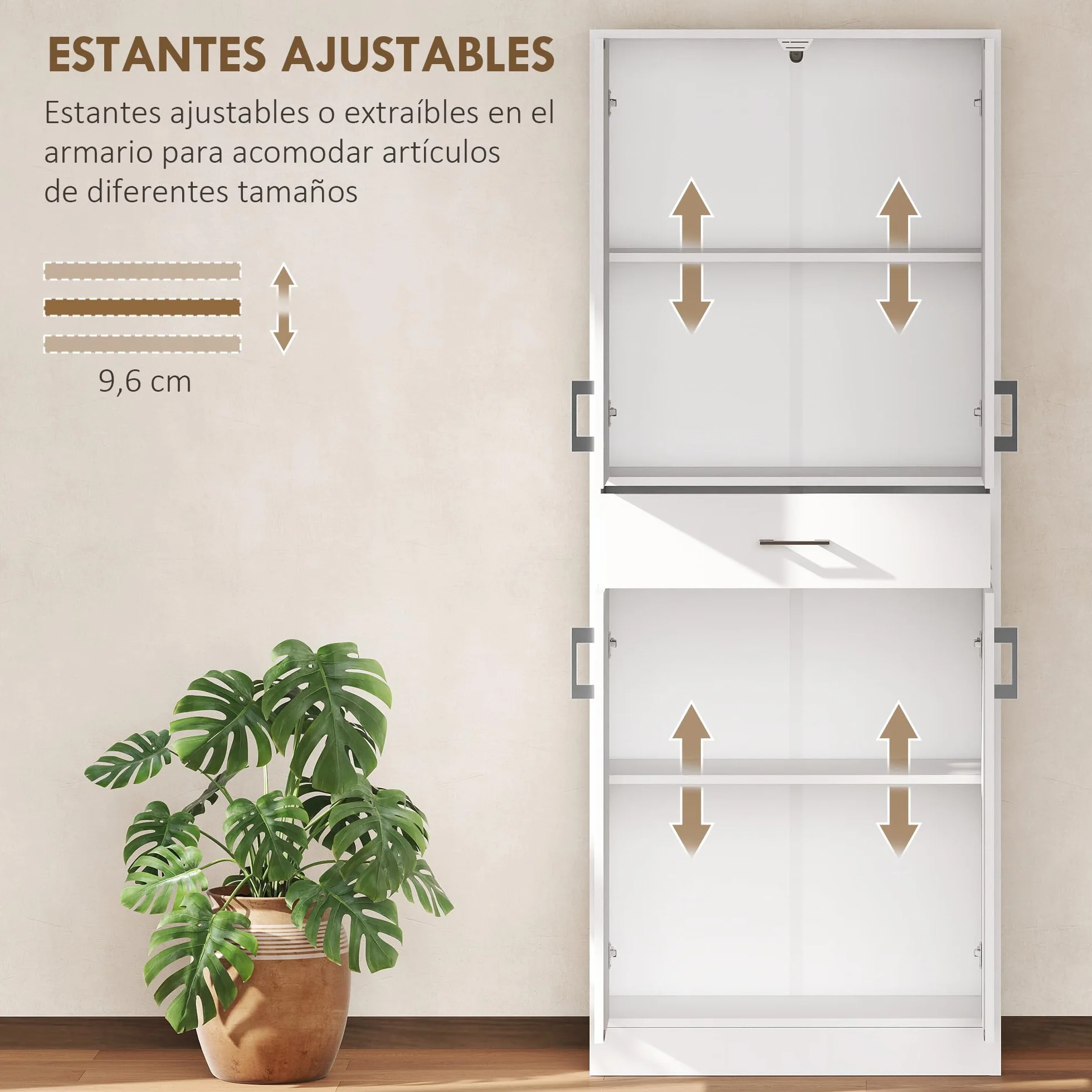 HOMCOM Alacena de Cocina con 4 Puertas 1 Cajón y Estantes Ajustables Antivuelco Armario de Cocina Moderno para Comedor Salón 70,8x34x180 cm Blanco y Plata