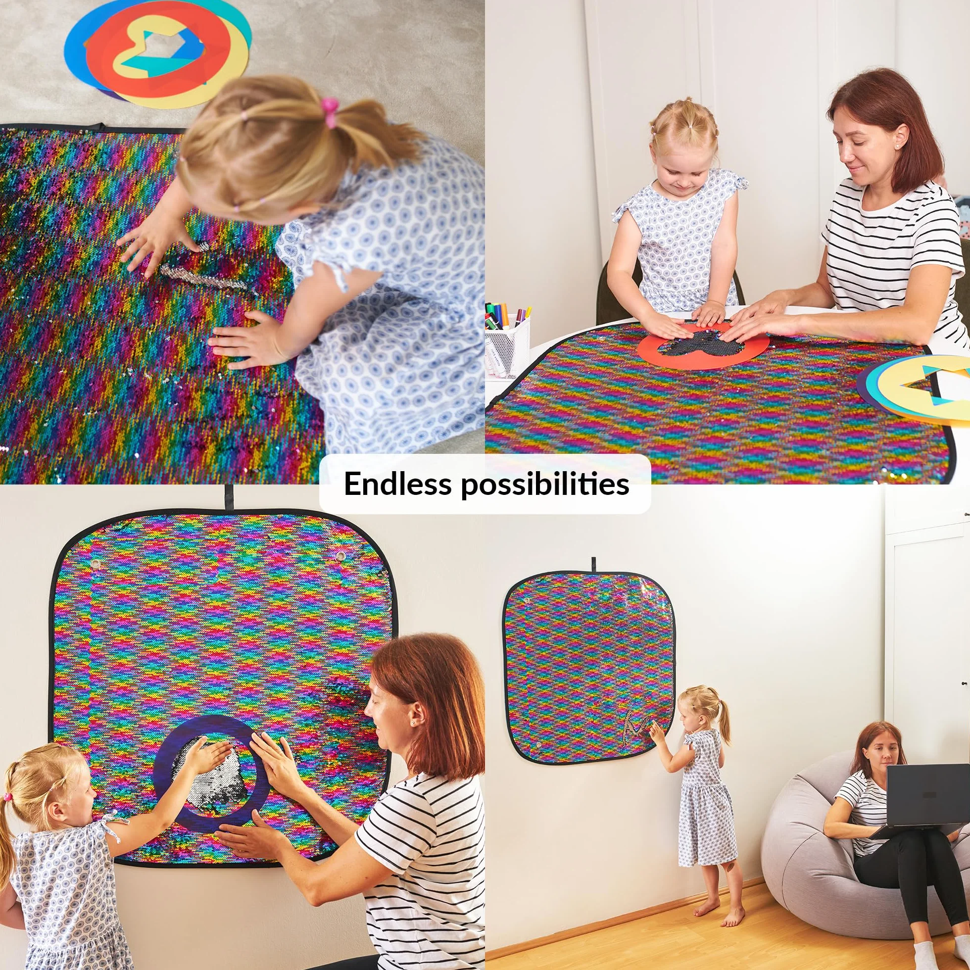 Panel mural sensorial de tela de lentejuelas reversible para niños