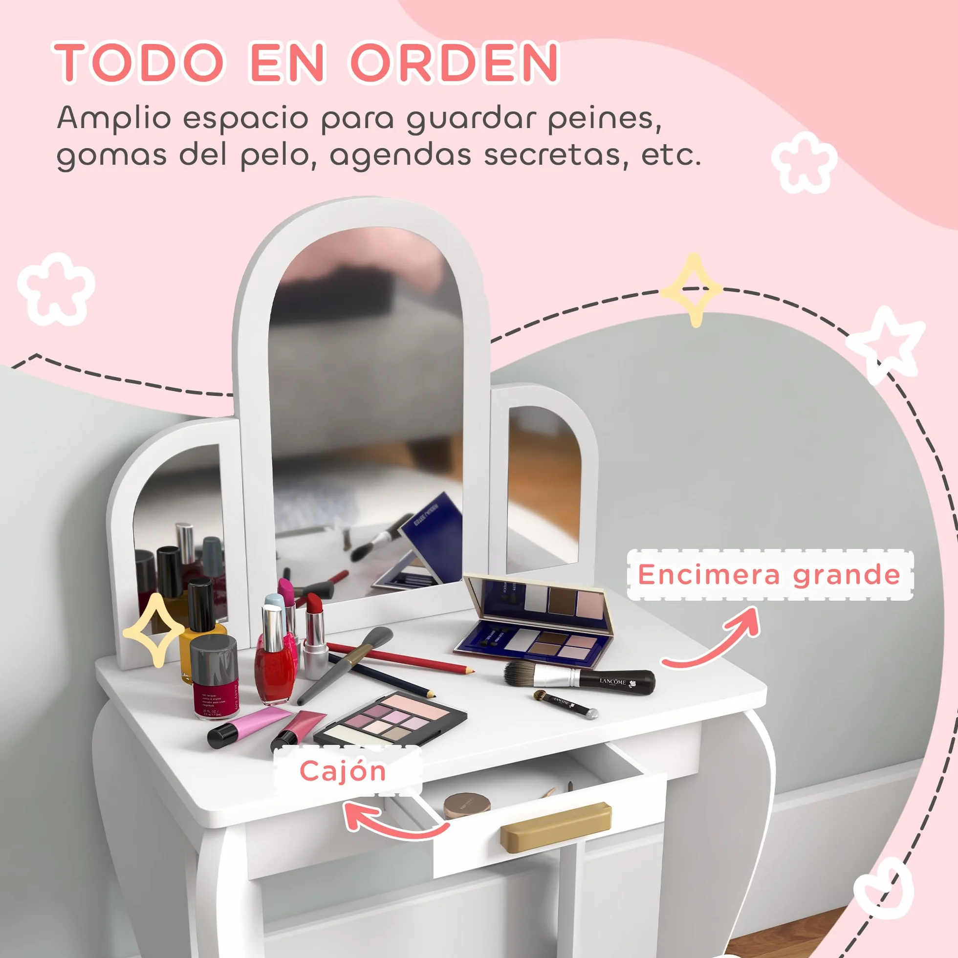 HOMCOM Tocador Infantil con Taburete y Espejo, Cajón, Mesa de Maquillaje para Niñas 3-6 Años, Blanco