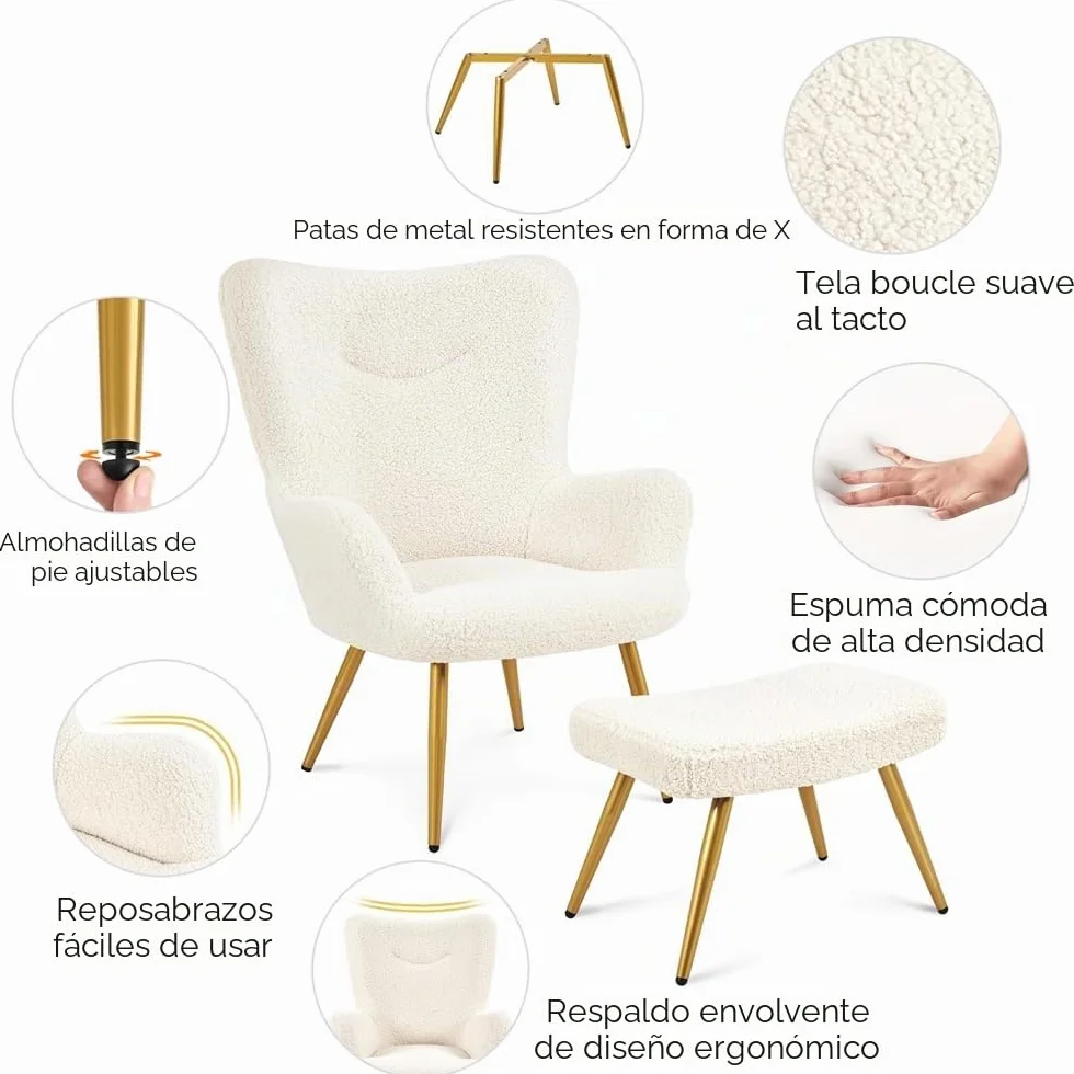 Yaheetech Sillón Orejero con Reposapiés Butaca de Salón Tapizada en Bouclé Sillón Lectura con Otomana de Respaldo Alto Ergonómico Soporte 136kg Ideal para Salón Dormitorio Oficina Marfil