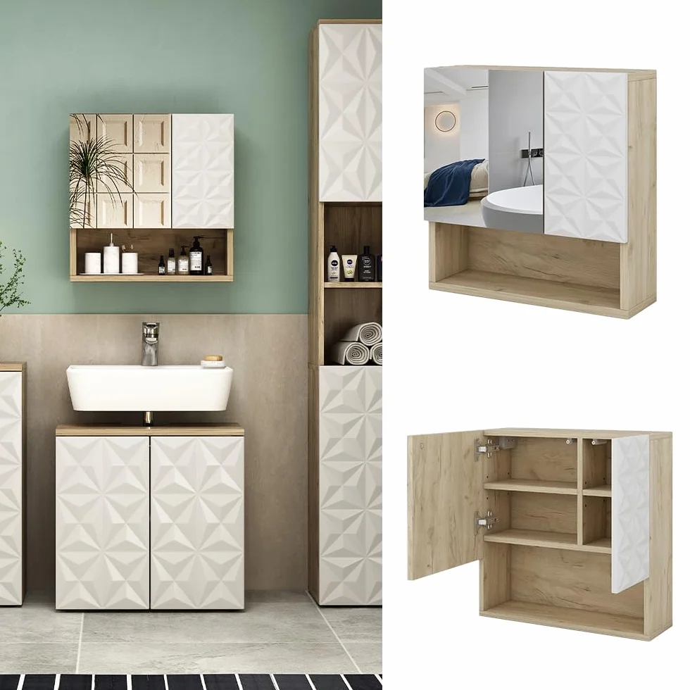Vicco Armario con Espejo para baño Edge, Blanco, 54 x 55 cm con Puerta y Compartimentos Abiertos, para Almacenamiento en baño con Mecanismo Push-to-Open
