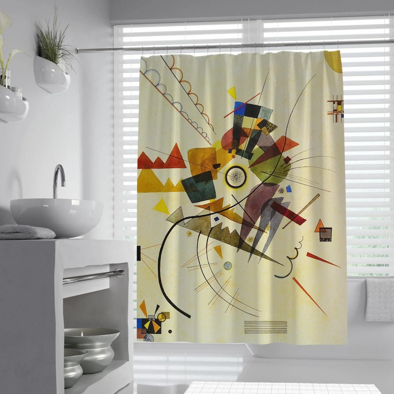 Geometría Cortina de Ducha Amarilla para niños para el baño Artista Pintura Cortina de baño Secado rápido Moderno Cortina de bañera Set con Ganchos