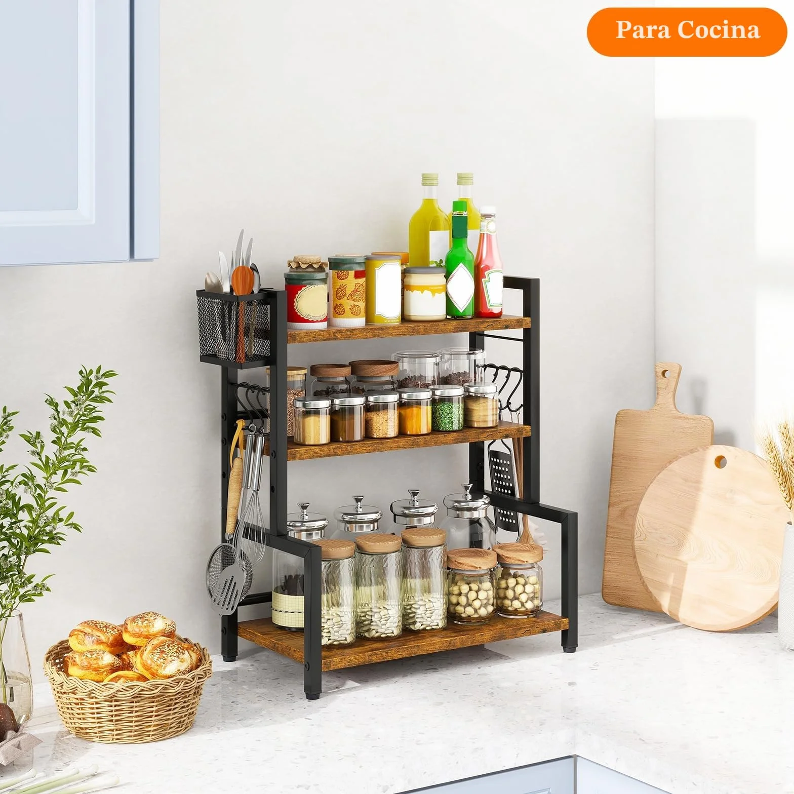 YMYNY Estante para Especias con Cesta Metálica, Estante de Encimera para Armario, Organizador con 6 Ganchos, Soportes para Botes de Especias, Para Cocina, Baño, 43 x 24 x 53CM Marrón Rústico HSR006H