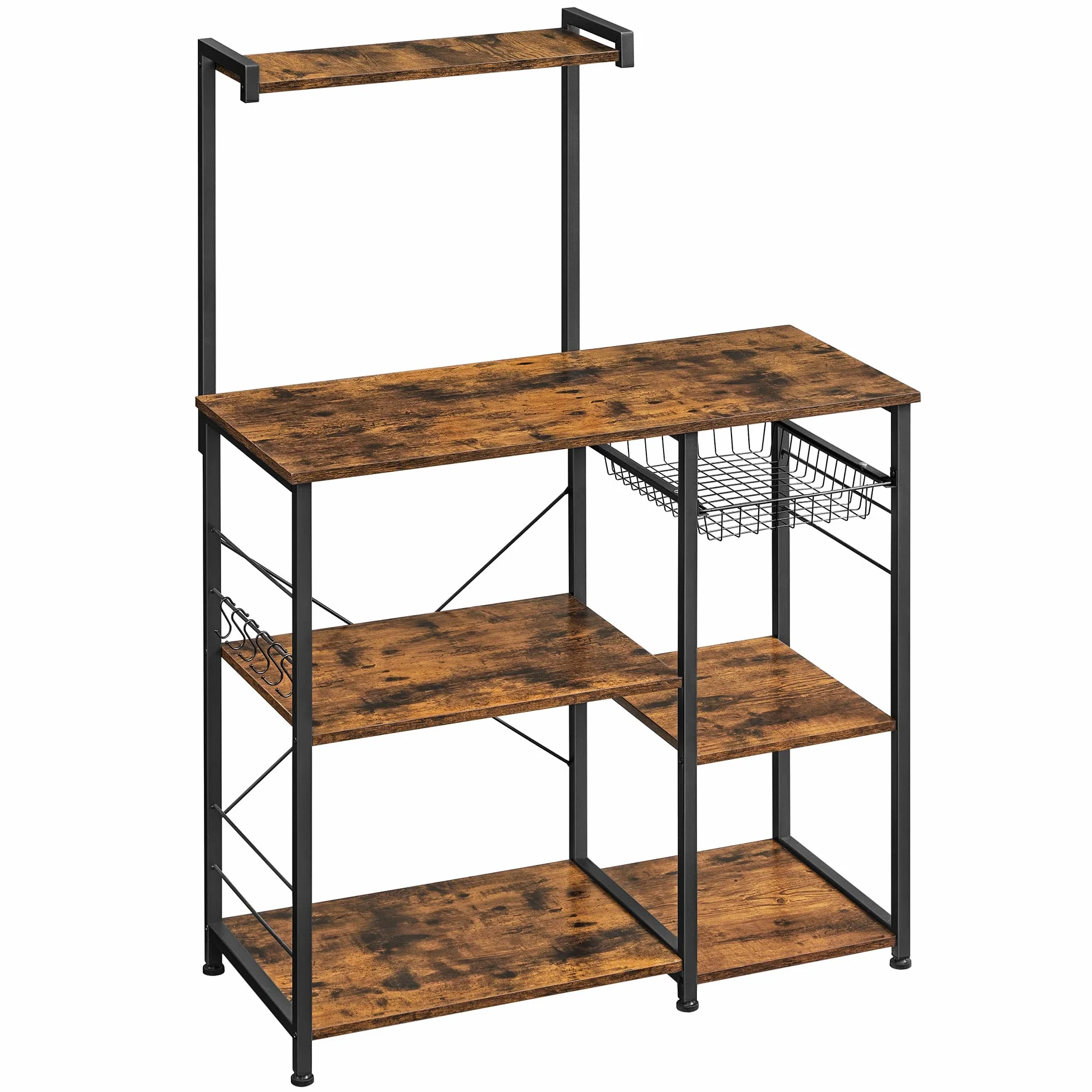 VASAGLE Estantería de Cocina, Soporte para Microondas, Cesta de Alambre, 6 Ganchos, para Especias, Ollas y Sartenes, 40 x 90 x 134 cm, Marrón Rústico, Negro KKS35X
