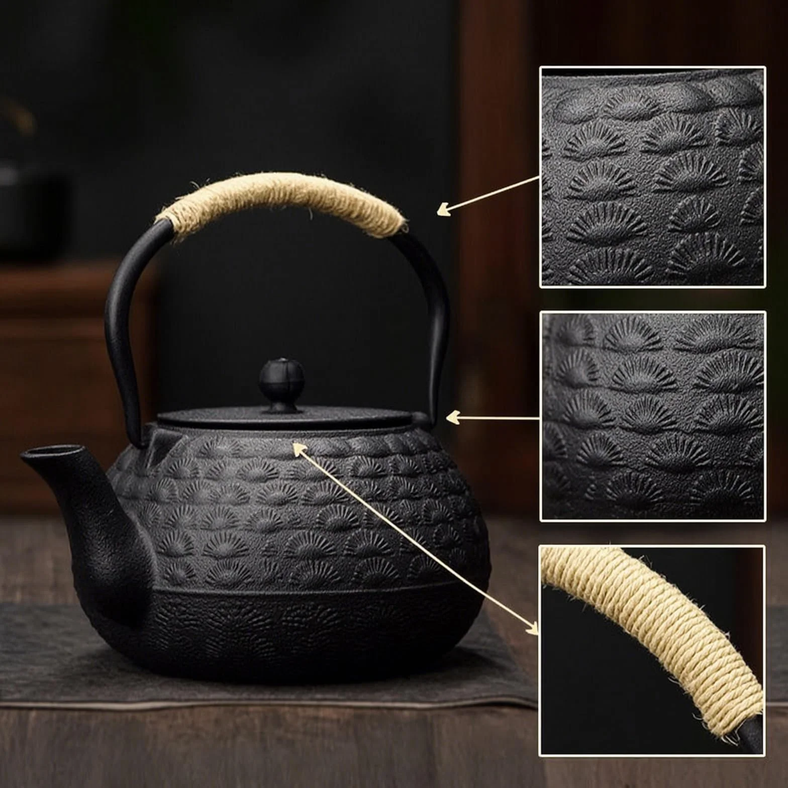 rockible Tetera Hierro Fundido Resistente Al Desgaste Tetera con Tapa Cómodo Vajilla para Aficionados Al Té Té, Invitados, Array, Negro, Con Filtro, Con Cuerda De Cáñamo