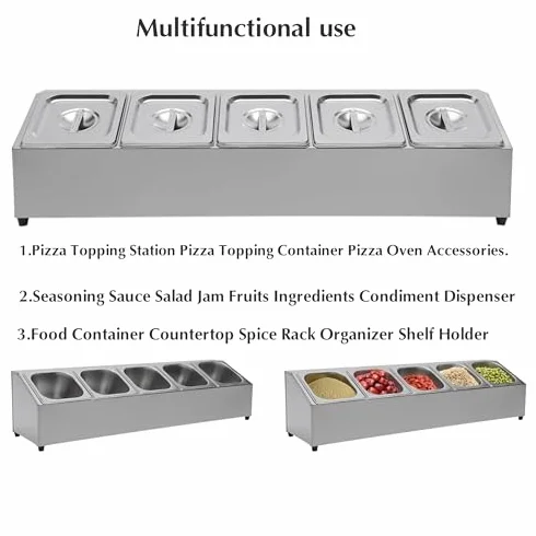 Caja de especias de acero inoxidable, estación de pizza, organizador, dispensador de especias con 6 sartenes y tapas 1/6, recipiente para especias de acero inoxidable, estante para condimentos