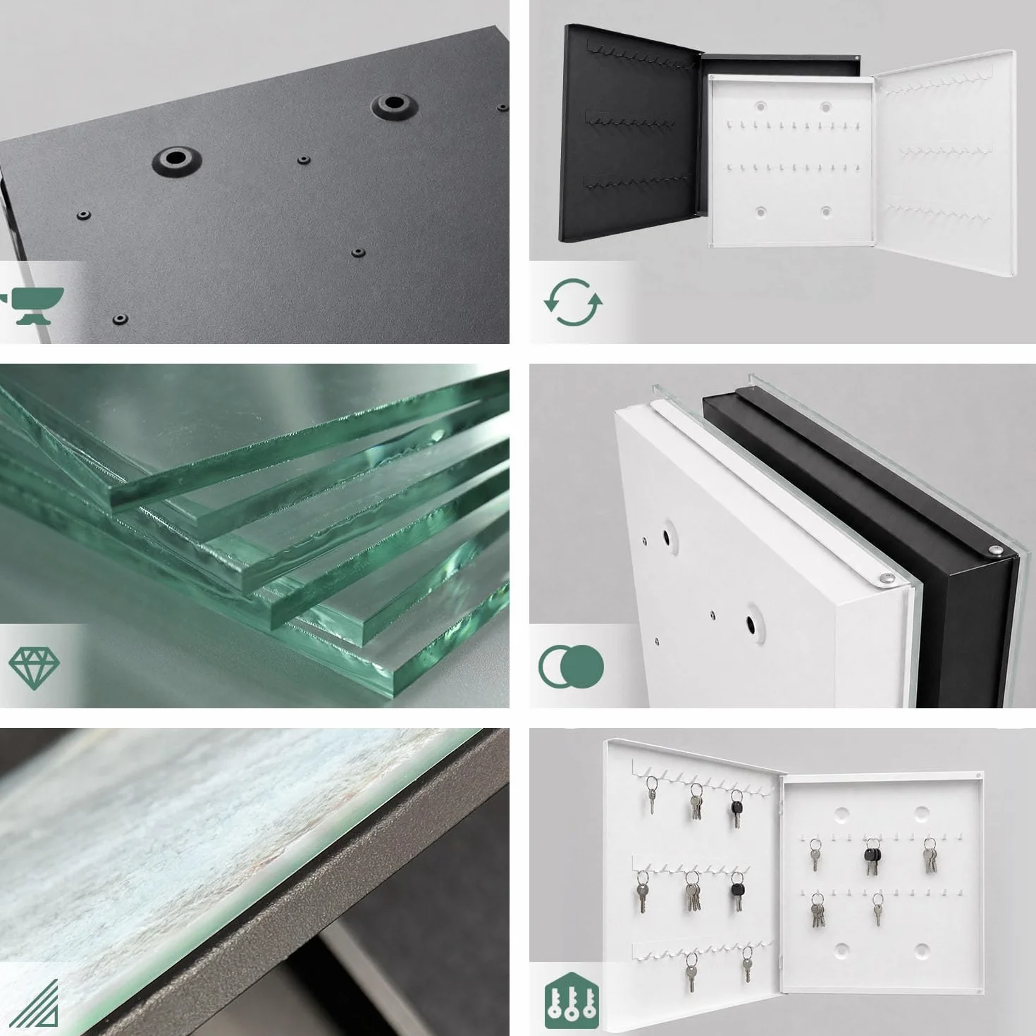Tulup Armario para Llaves 30x30 cm | Blanco | Derecha | Montaje en Pared | Motivación auténtica | de Metal | Frente Decorativo de Cristal | Kit de Montaje Incluido | Organizador | 50 Ganchos