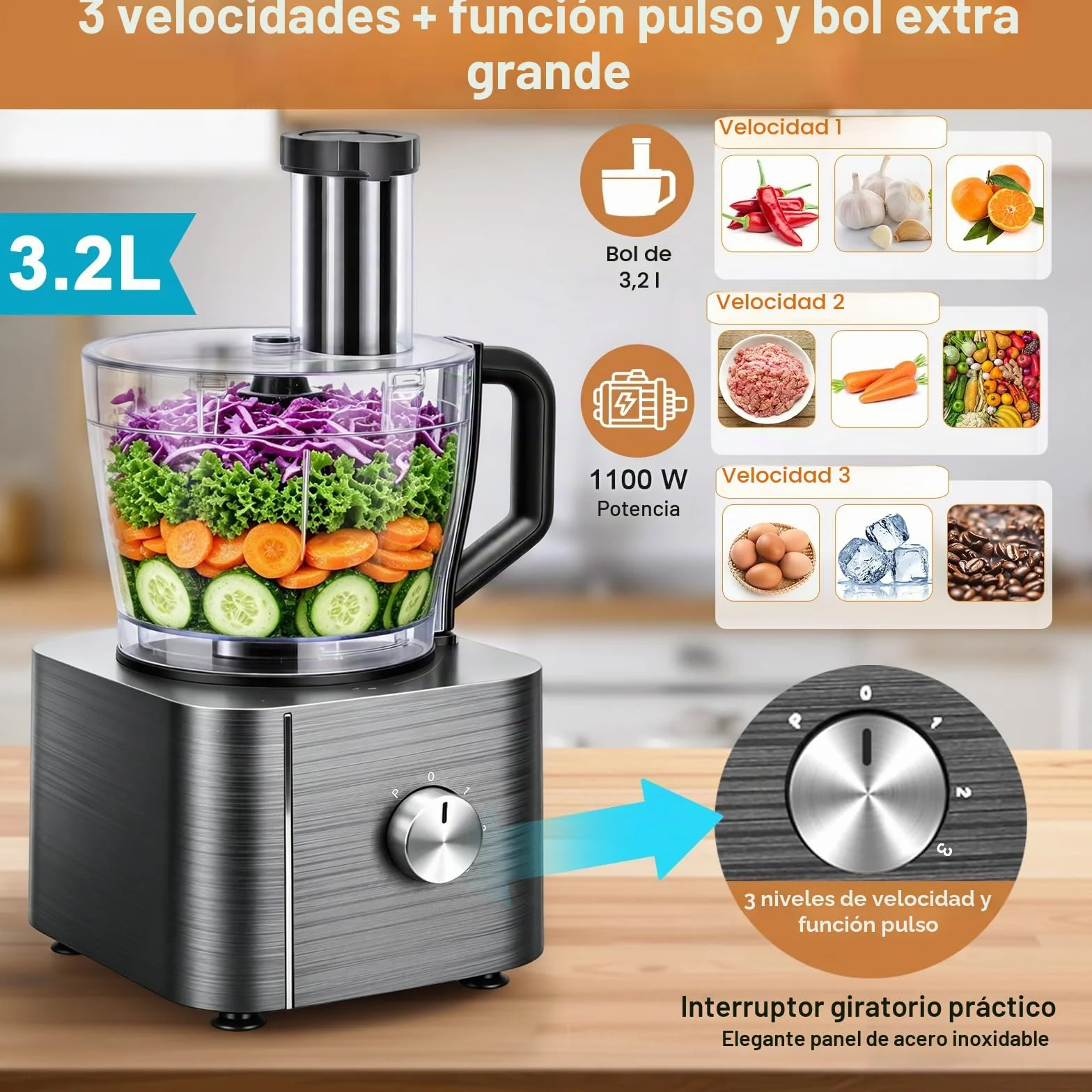TopStrong Procesador de Alimentos, 800W Robot de Cocina, 3 Velocidades y Pulse, Recipiente de 2L, Incluye 3 Discos de Corte, Picadora, Amasadora y Batidor
