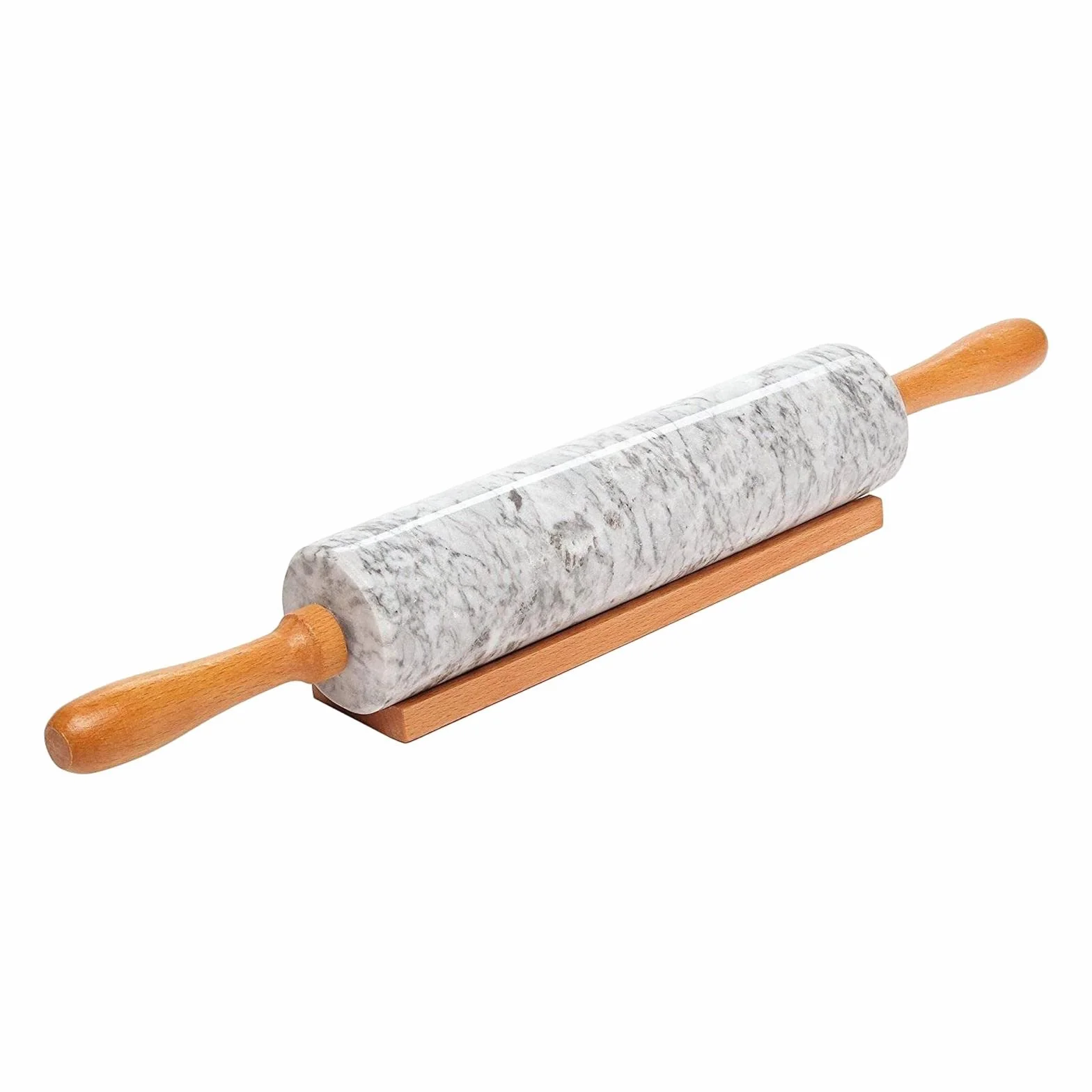 Rodillo de Mármol con Y Base de Madera para Hornear Pasteles Y Pizzas. Fácil de Limpiar. Rodillo Antiadherente para Tartas Y, Blanco, Individual