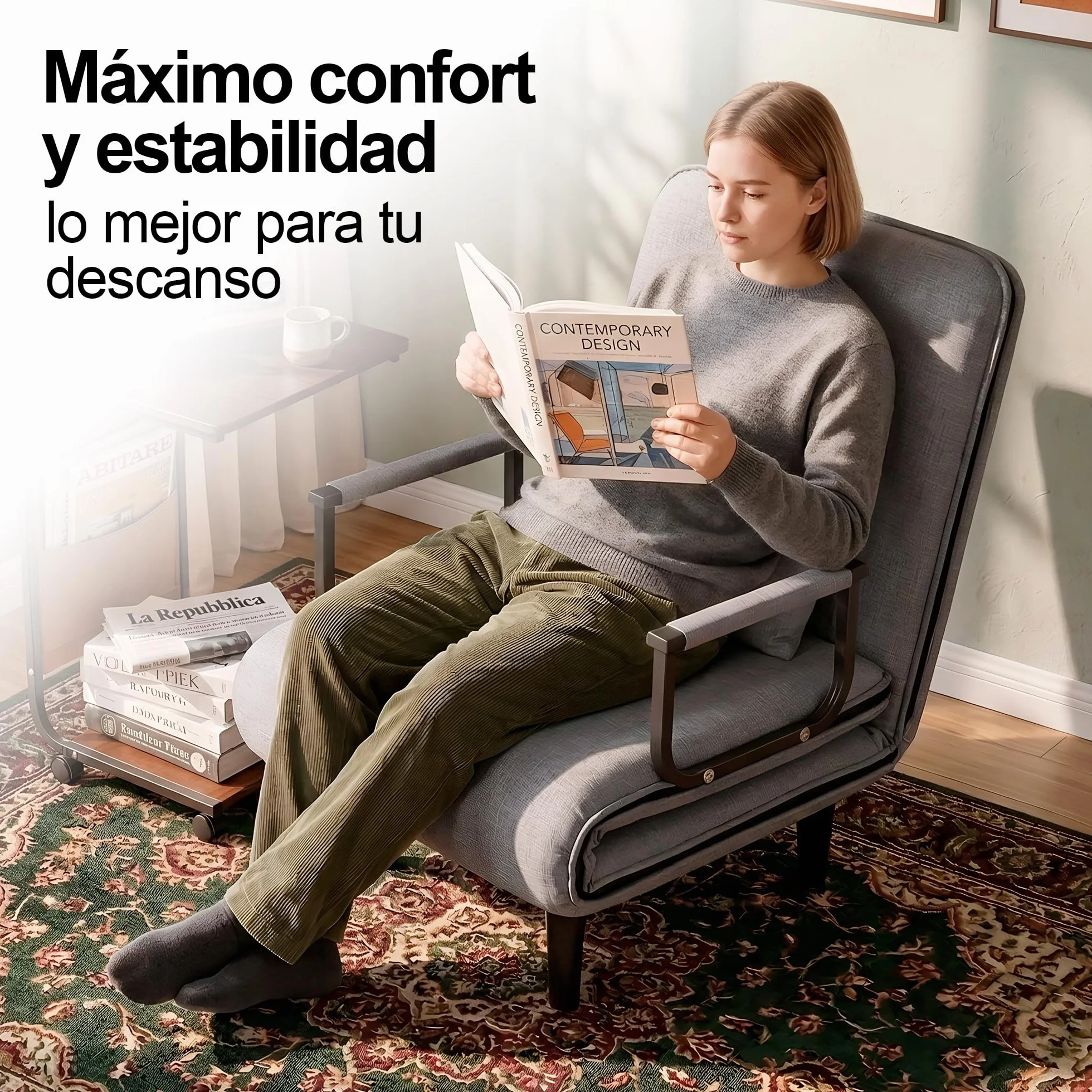 Unicview Sillón Sofá Cama Convertible 3 en 1, Sofá Reclinable, Sofá Individual Que se Convierte en Cama 190 cm Largo 65 cm Ancho, con Reposabrazos y Cojín, Ideal para Salón o Invitados, Gris