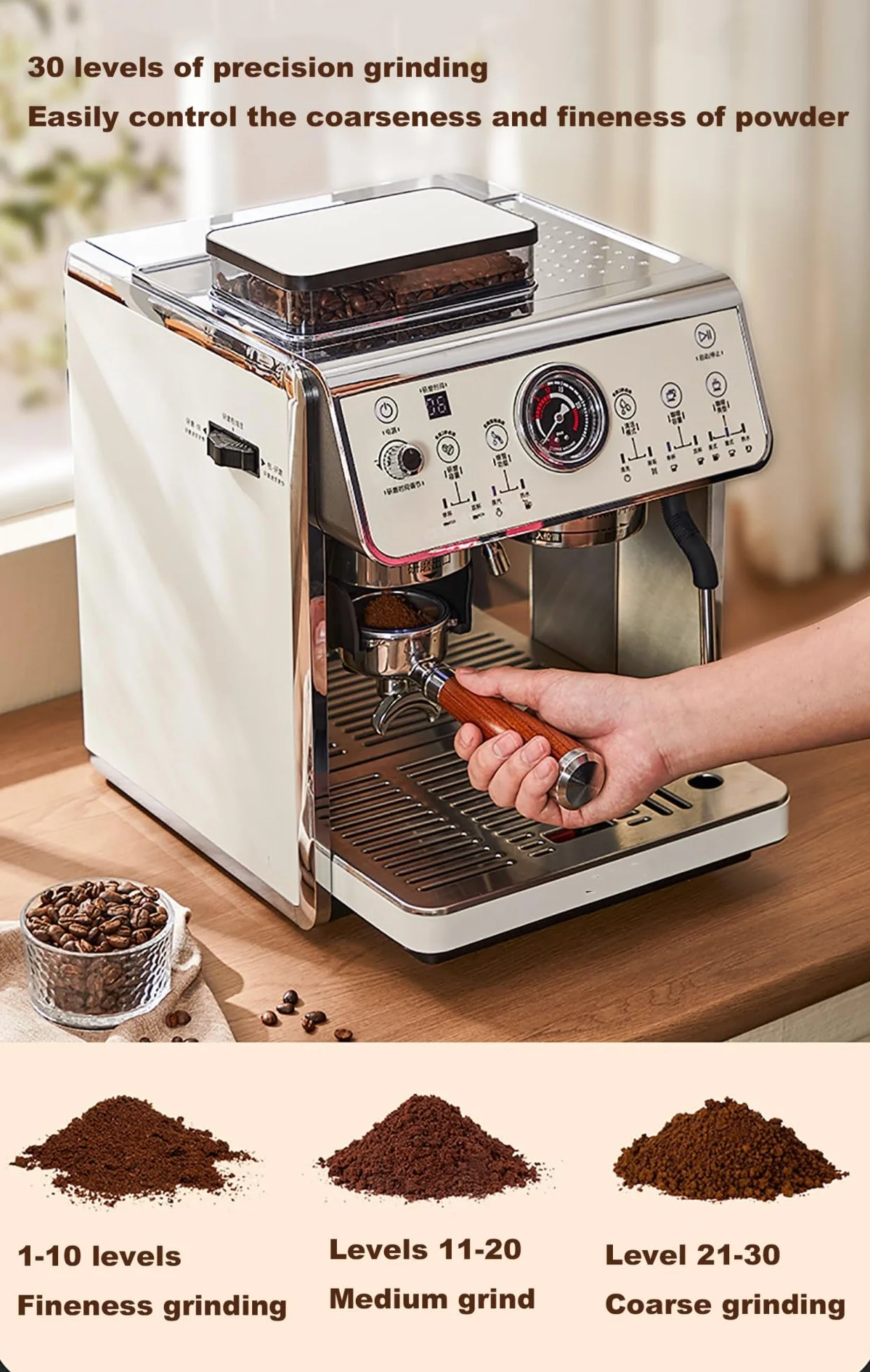 Cafeteras de espresso con molinillo, cafetera de 2200 W con vaporizador de leche, cafetera de acero inoxidable con depósito de agua extraíble de 90 oz for capuchino y latte.