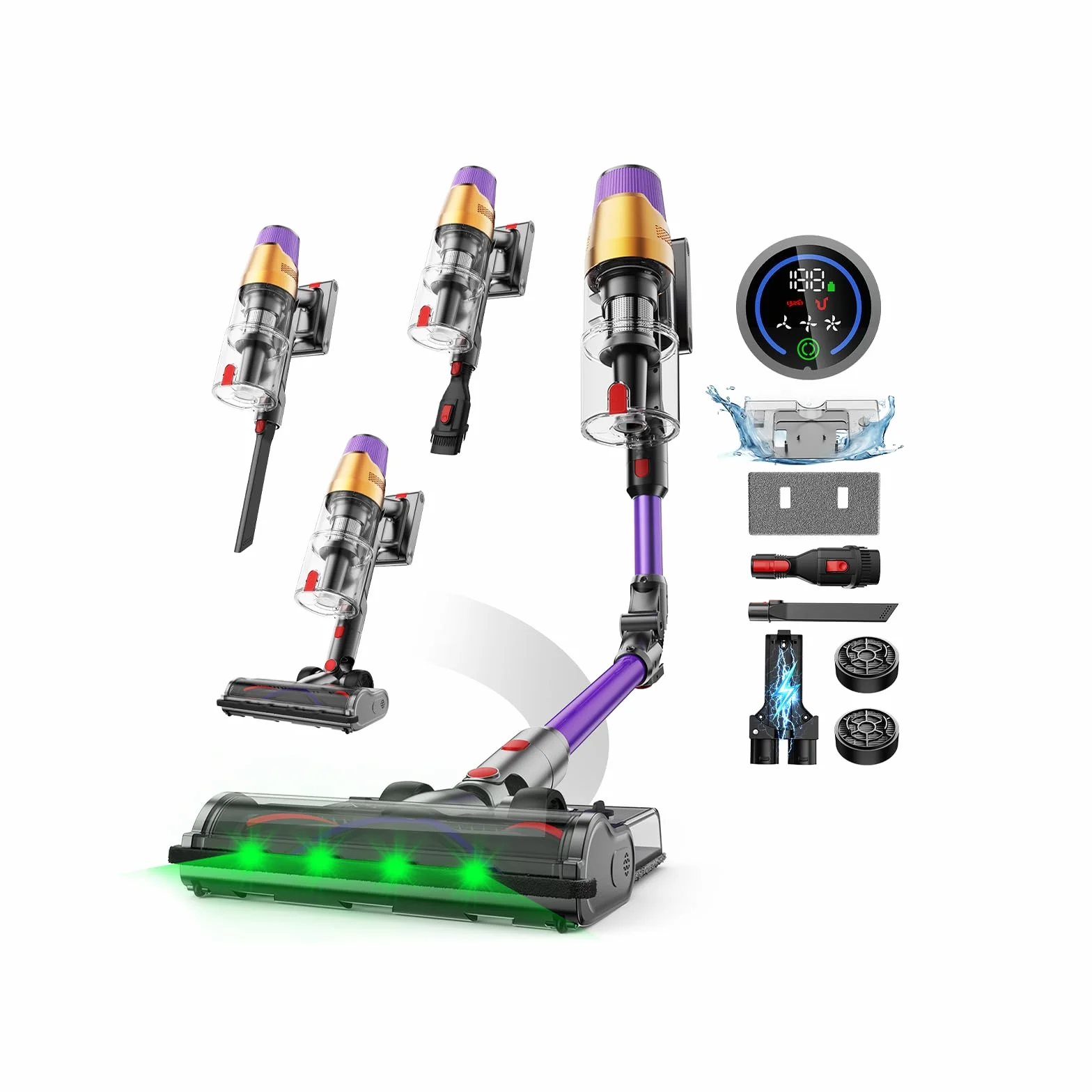 A12 Aspiradora sin Cable 50Kpa/600W/70Min, Aspirador Escoba con Depósito de Agua Extraíble, Tubo Plegable, Pantalla LED, Anti-Enredos, Batería Extraíble, para Alfombras y Mascotas (Morado Pálido)