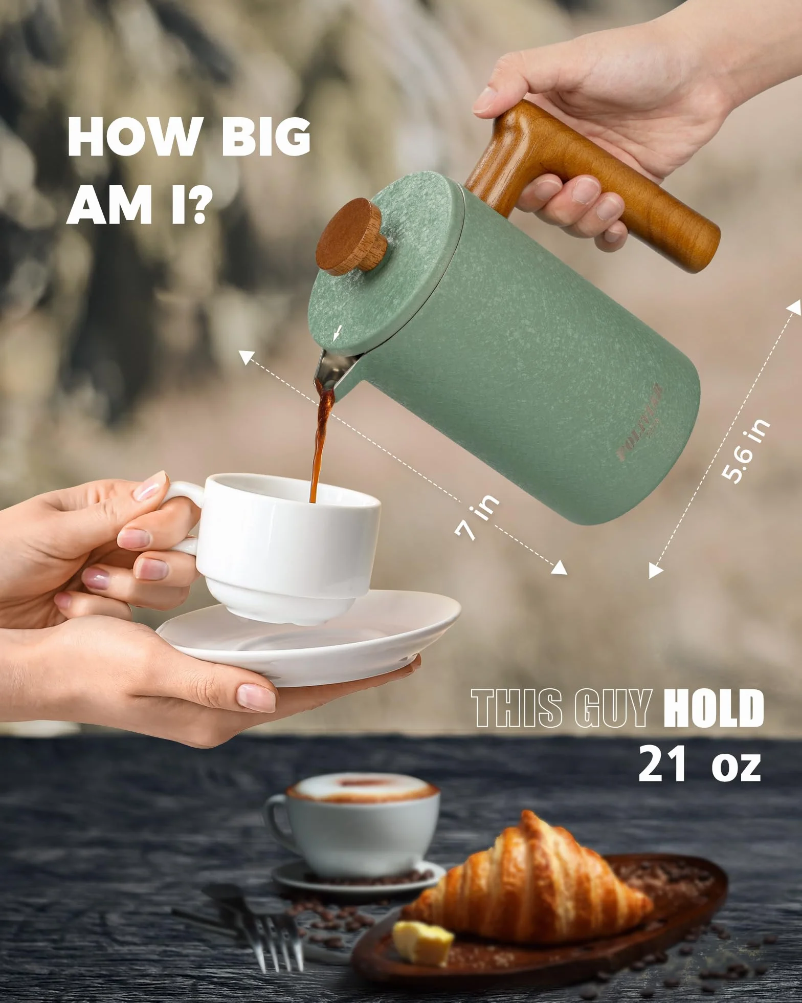 POLIVIAR Cafetiere - Cafetera de prensa francesa de 21 onzas con mango de madera, prensa de café de acero inoxidable para buen café y té, cafetera aislada de doble pared con 1 filtro adicional