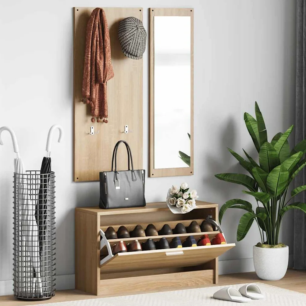 vidaXL Set de Mueble Zapatero 3 en 1 Armario Estantería Almacenamiento Recibidor Entrada Pasillo Salón Madera Contrachapada Color Roble Sonoma