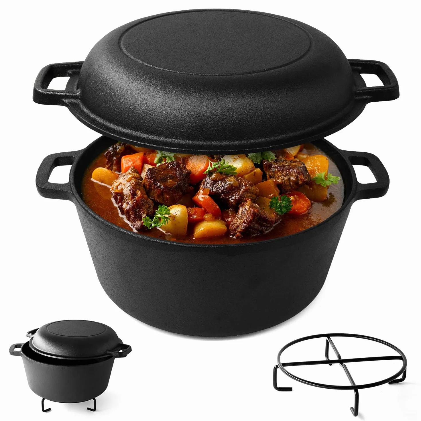 Joejis - Olla holandesa de hierro fundido presazonado de 4,7 L con tapa multiusos de 1,75 L, apta para horno y todo tipo de fuegos, olla holandesa de hierro fundido 2 en 1 para hacer pan, estofar
