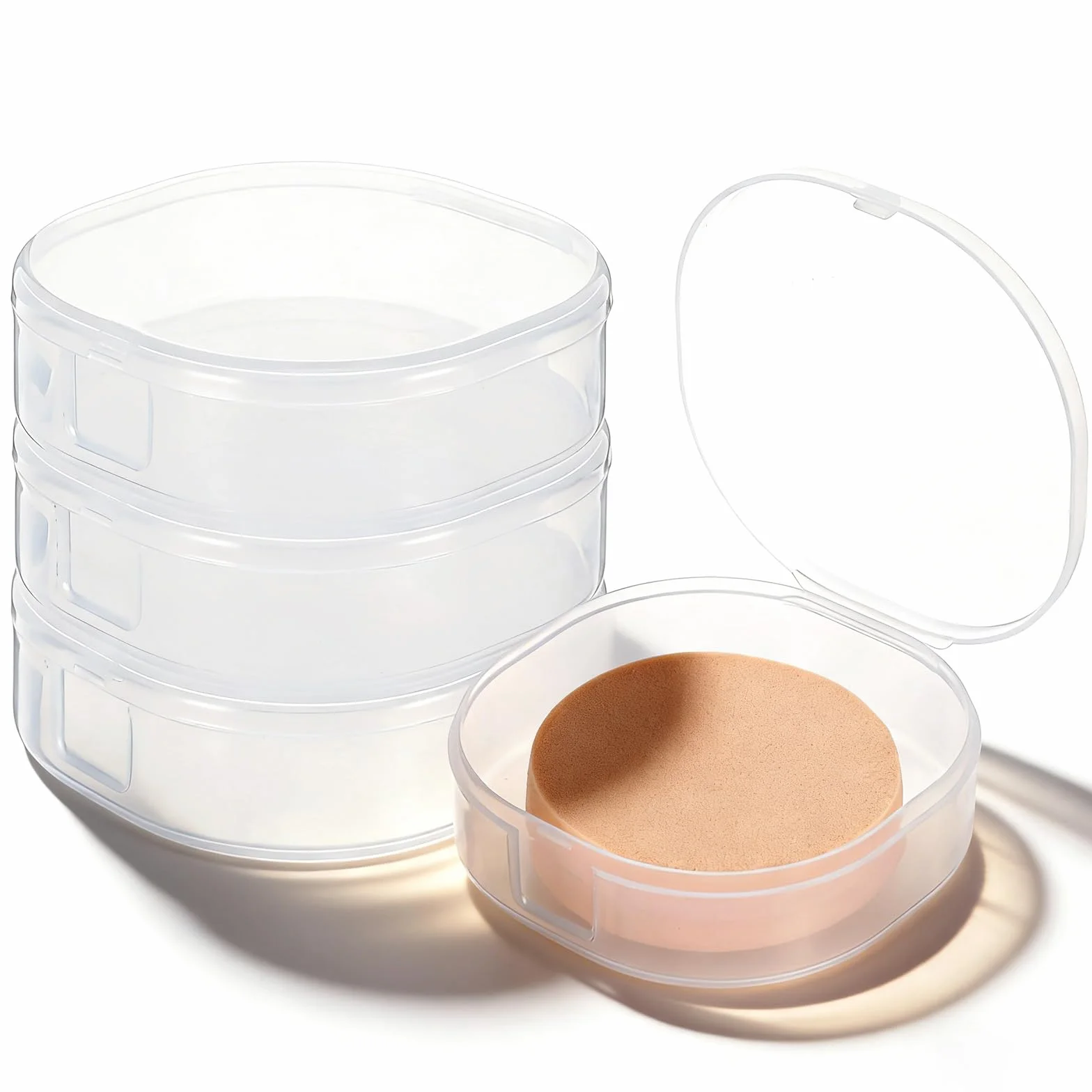 Qianyu 4 piezas portátil redondo soporte plástico cosméticos almohadillas de algodón contenedor de viaje dispensador esponja maquillaje transparente caja almacenamiento