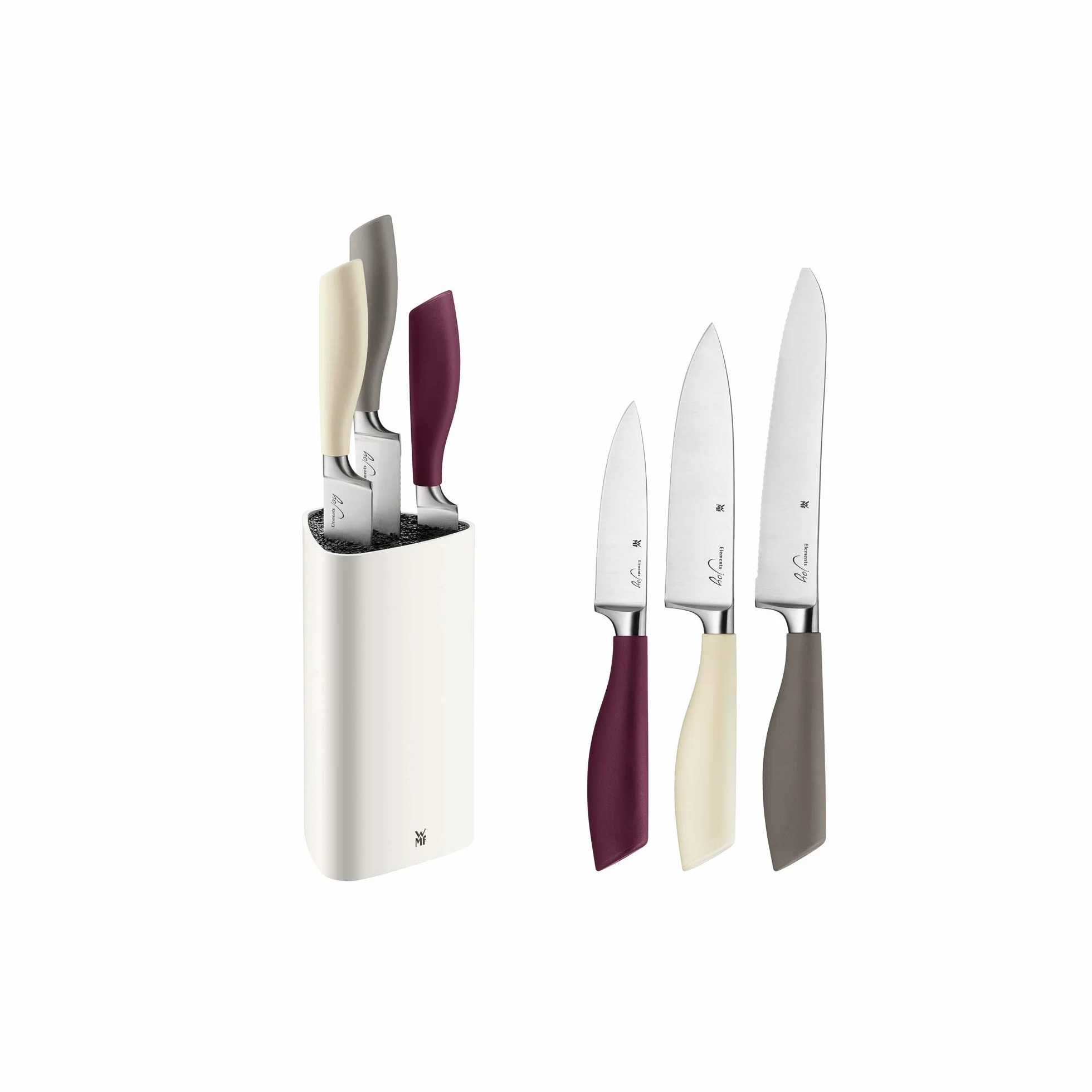WMF Elements Joy - Juego de 4 Piezas, 3 Cuchillos con Hoja de Acero Especial de Filo Recto y con Bloque de Cuchillos con Cepillo de Plástico