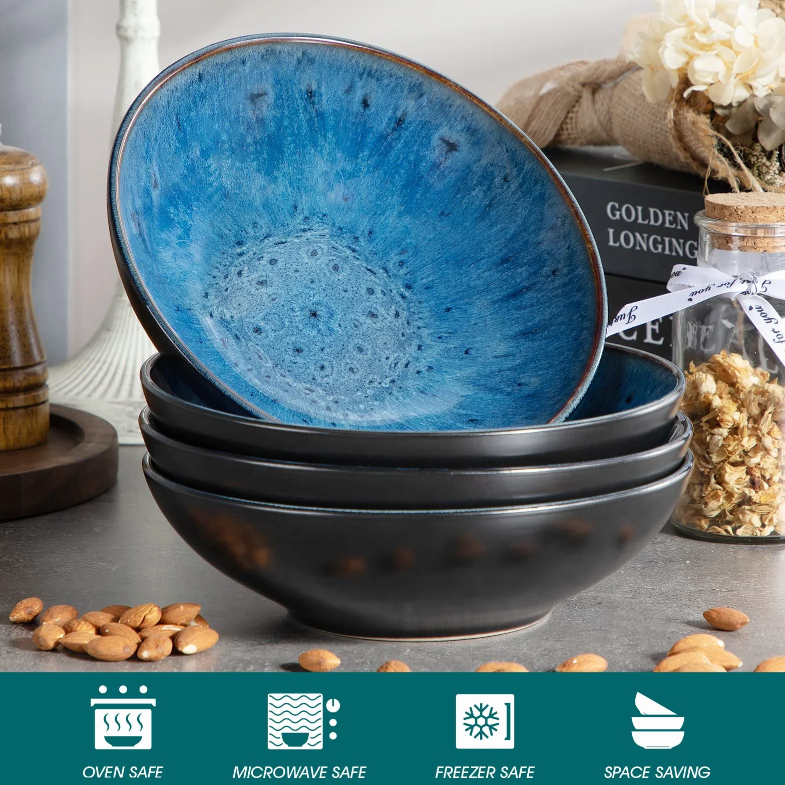vancasso BUBBLE 8 Platos Hondos Juego de Platos de Gres, Platos Hondos para Sopa | Pasta | Risotto | Ensalada | Postre, Servicio de Mesa, Estilo Vintage Azul