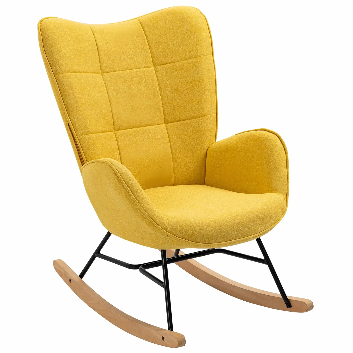 MEUBLE COSY Silla Mecedora Sillón de Relax Especial Lactancia Butaca Acolchada con reposabrazos, Respaldo Alto, de Tela con Patas de Madera Metal, para salón, Dormitorio, Amarillo