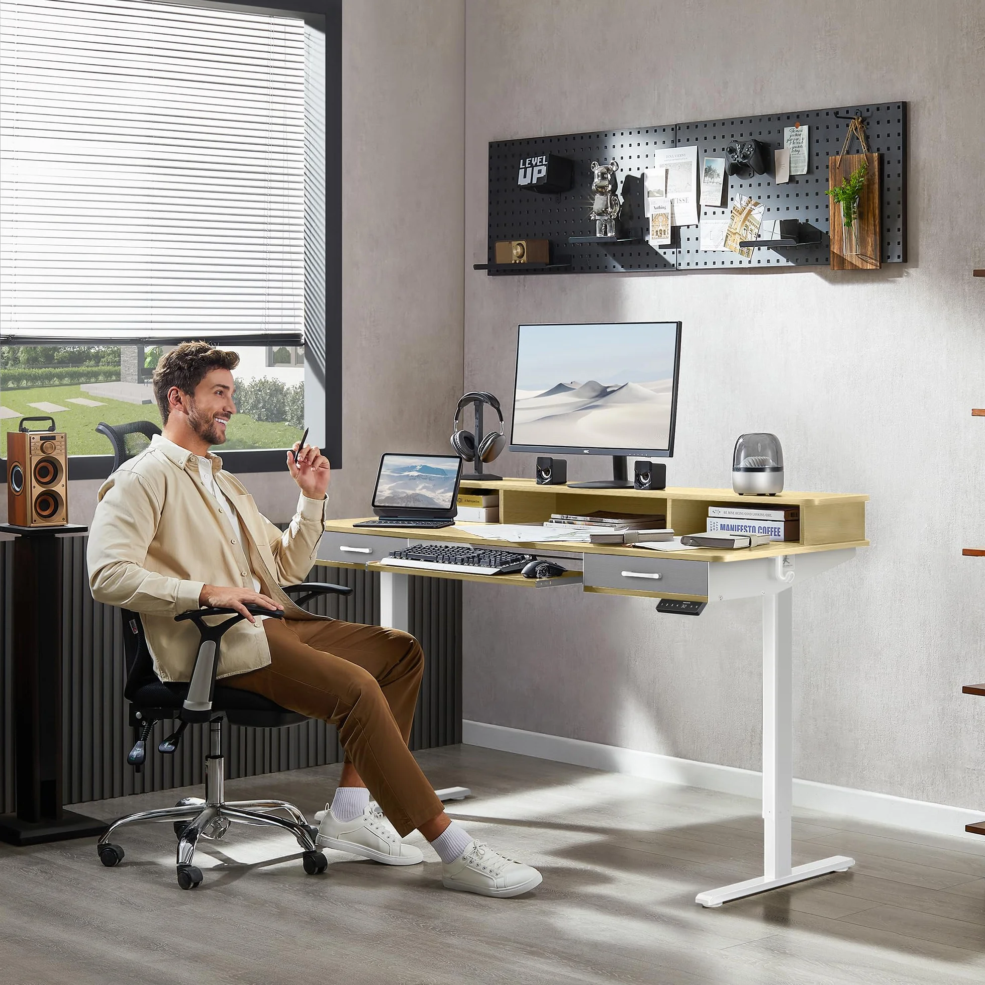 WALKINGDESK Escritorio Elevable Eléctrico con Bandeja para Teclado, 160 x 60 cm Escritorio Regulable en Altura, Mesa Elevable con Soporte Monitor, Mesa Ergonómico de Bipedestación, Roble